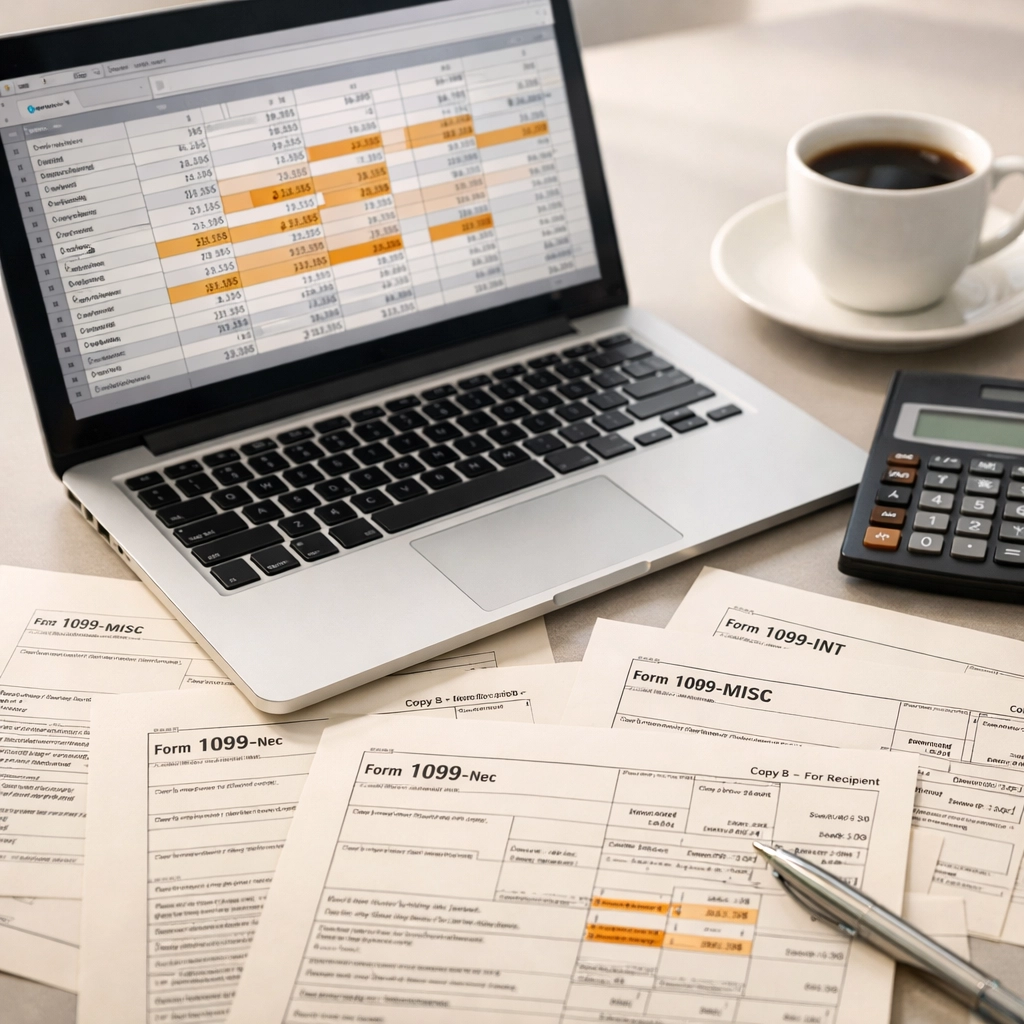 Business owner reconciling 1099 tax forms and income records on laptop to avoid IRS audit triggers