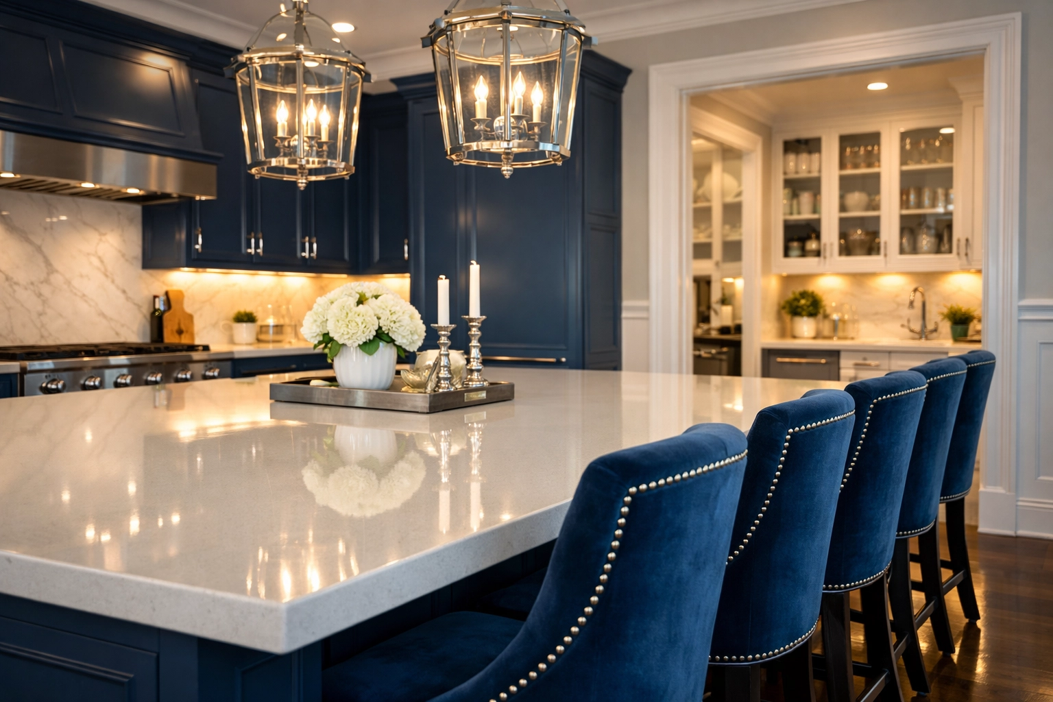 Spotless luxury kitchen island after professional Hingham estate cleaning services.