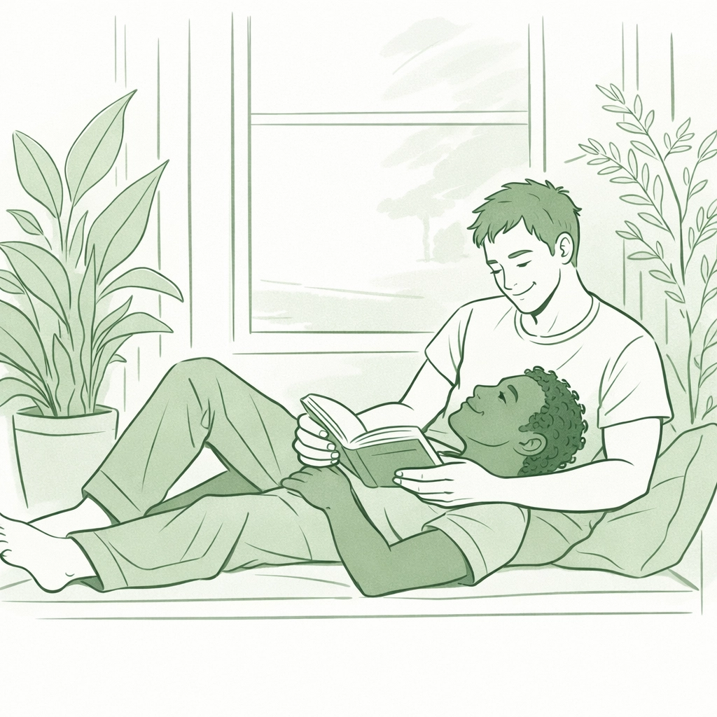 Diverse men reading a book together, representing authentic male/male relationships in gay fiction.