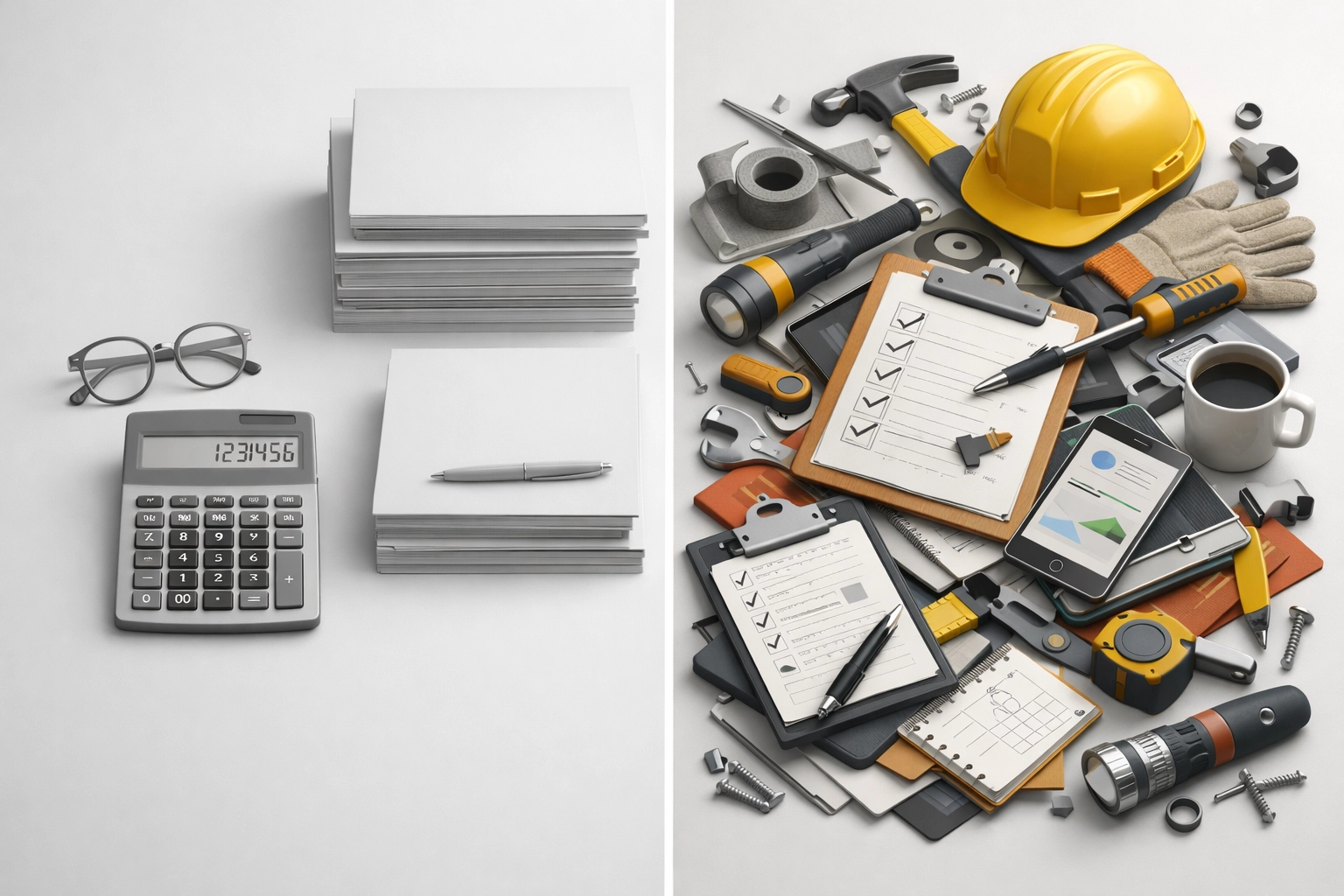 Organized accounting desk contrasted with chaotic field tools showing operational gaps