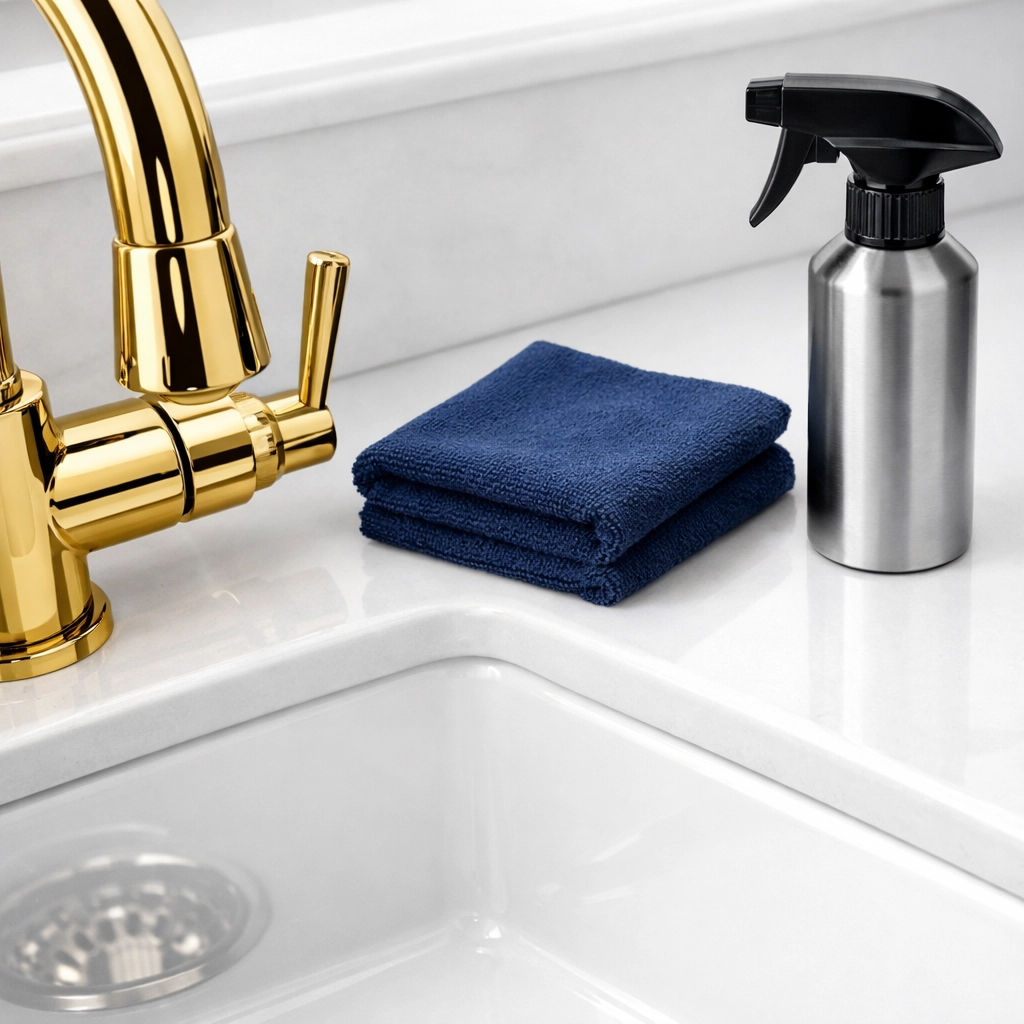 Detail of a sparkling clean kitchen faucet and sink from professional weekly house cleaning Wellesley MA.