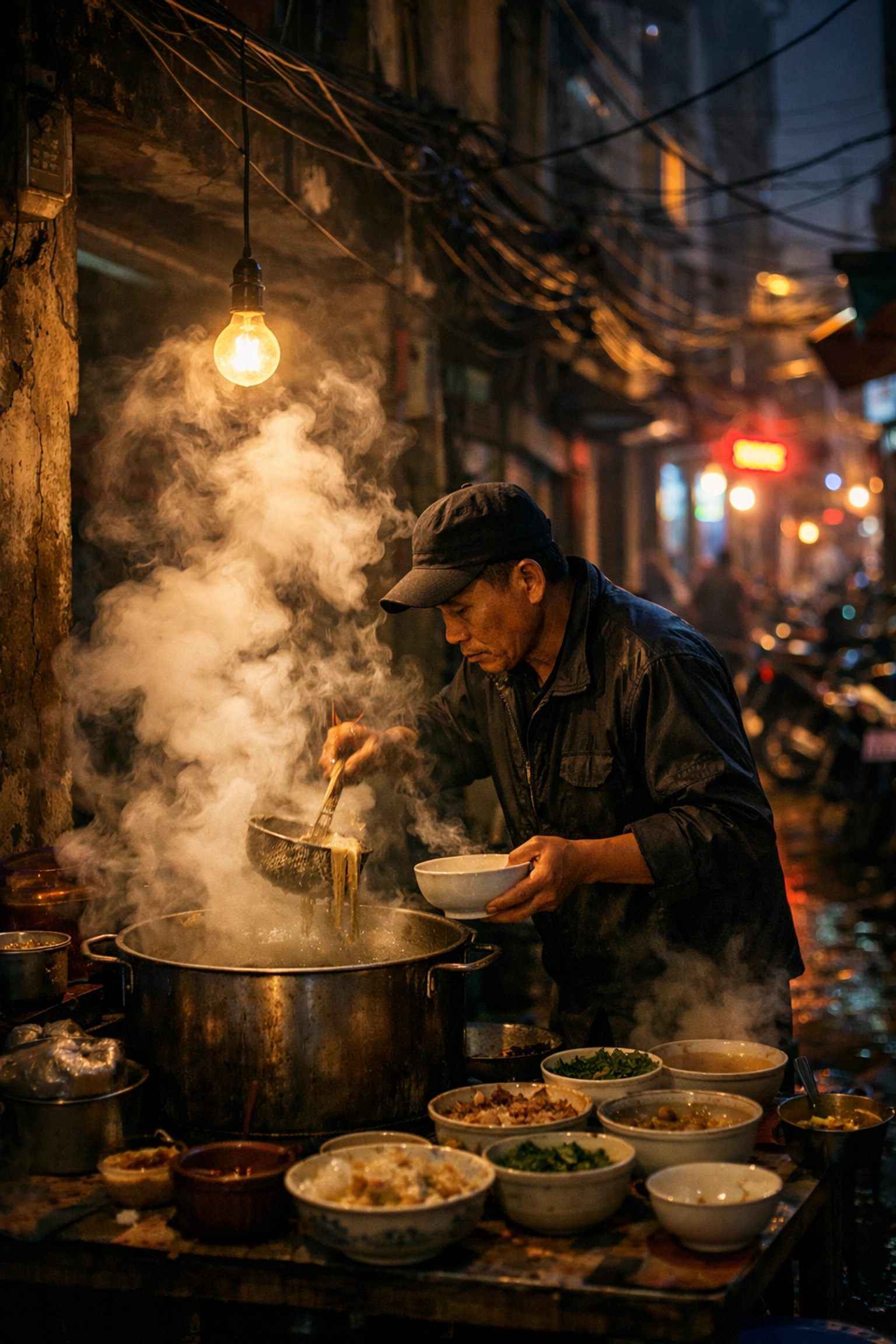 A street vendor preparing noodle soup in a Hanoi alley at night, showcasing local budget travel food.