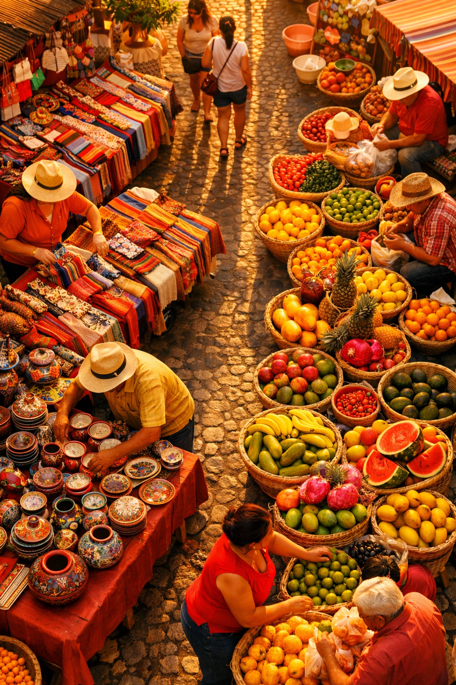 Colorful street market in Zona Romantica Puerto Vallarta with local textiles and pottery