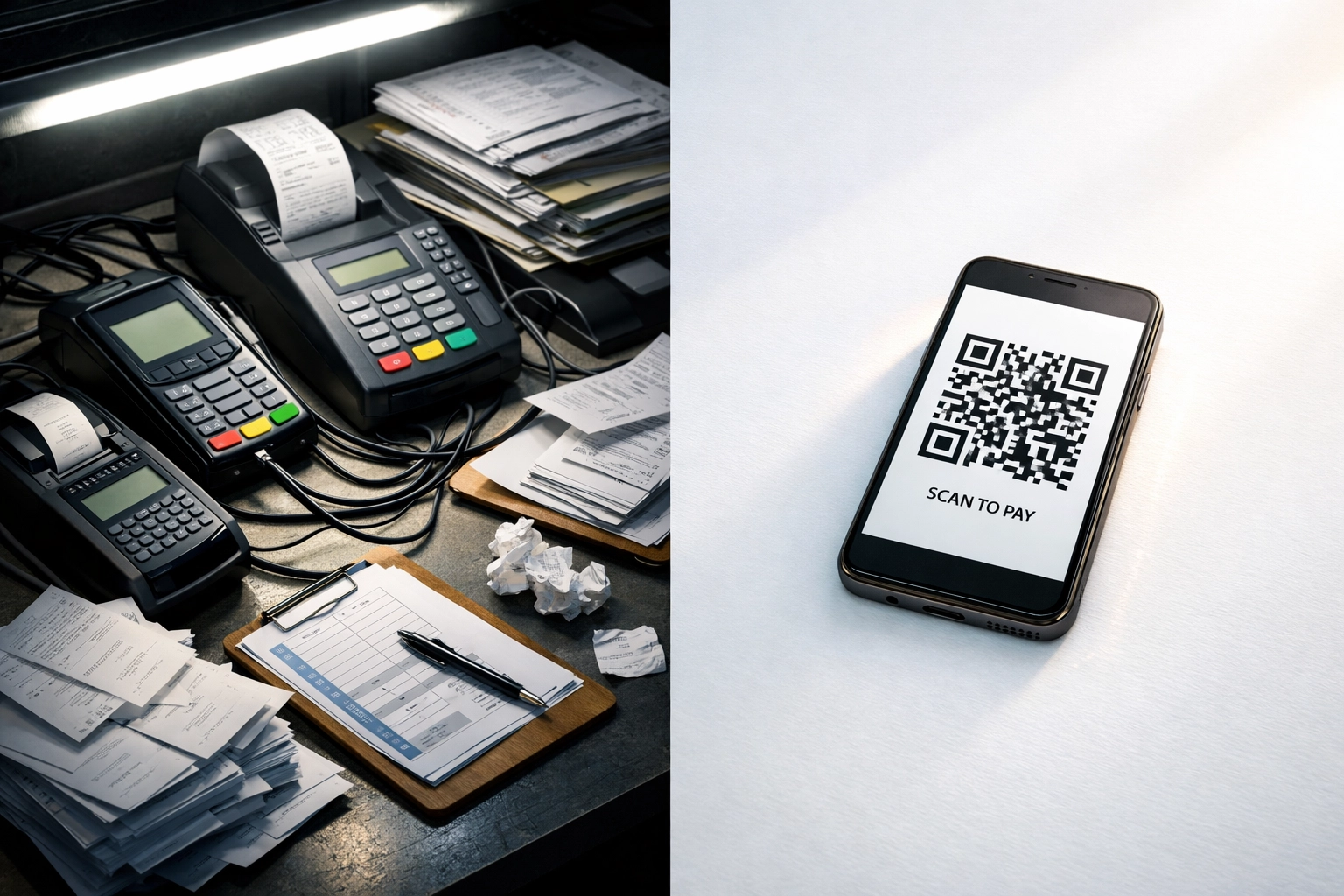 Traditional POS terminal clutter versus simple QR code crypto payment solution comparison