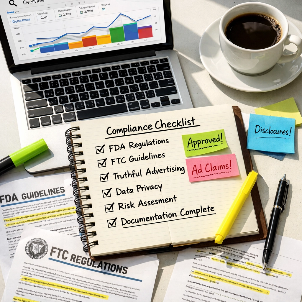 Healthcare PPC compliance workspace with FDA guidelines and Google Ads dashboard checklist