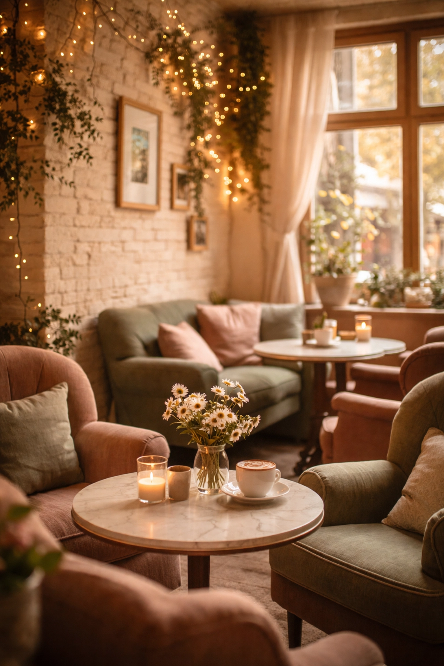 Cozy family-owned cafe interior in Felixstowe with inviting vintage armchairs and warm lighting
