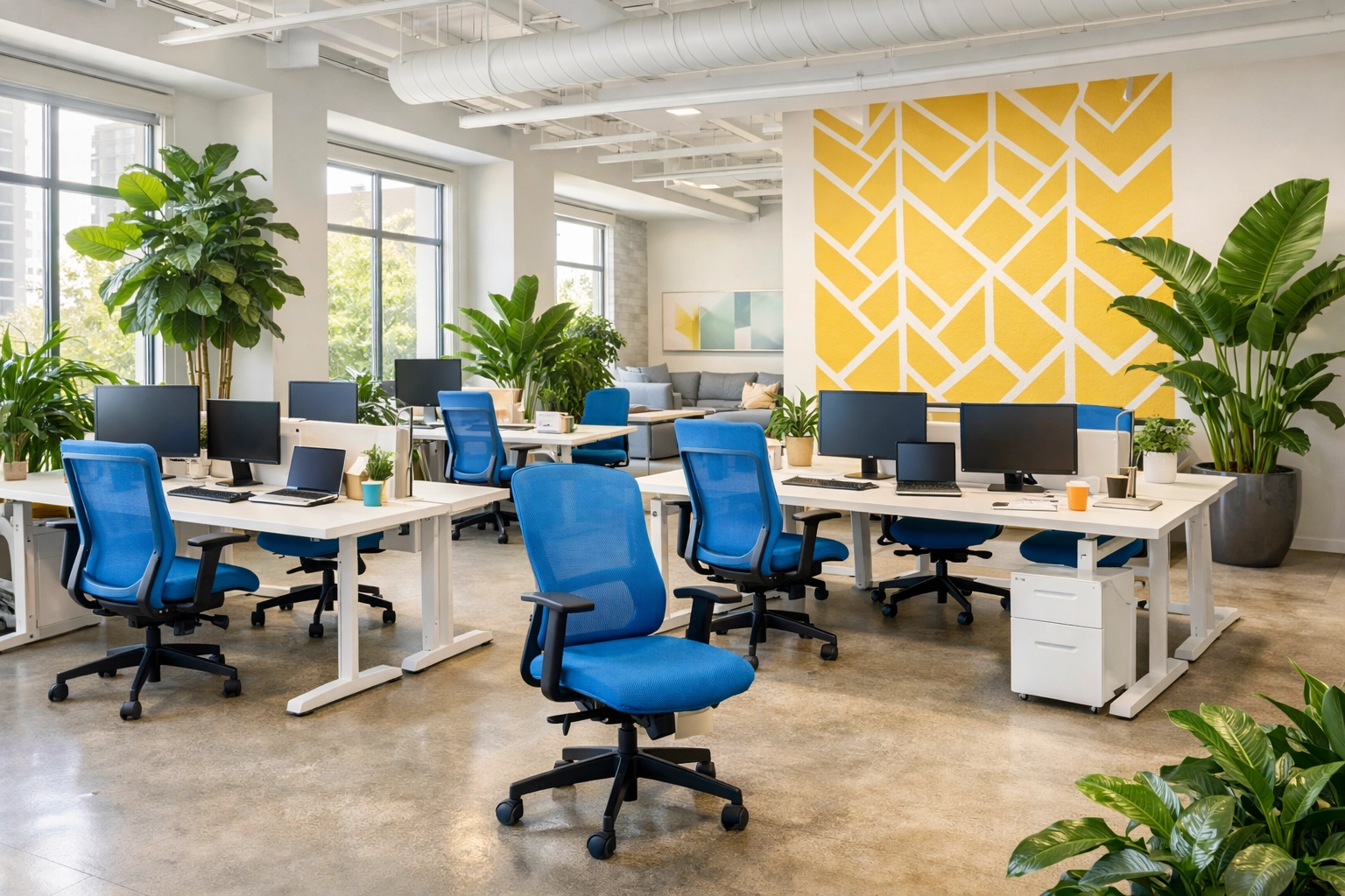 Clean and organized Waltham tech hub office workspace featuring ergonomic desks and blue task chairs.
