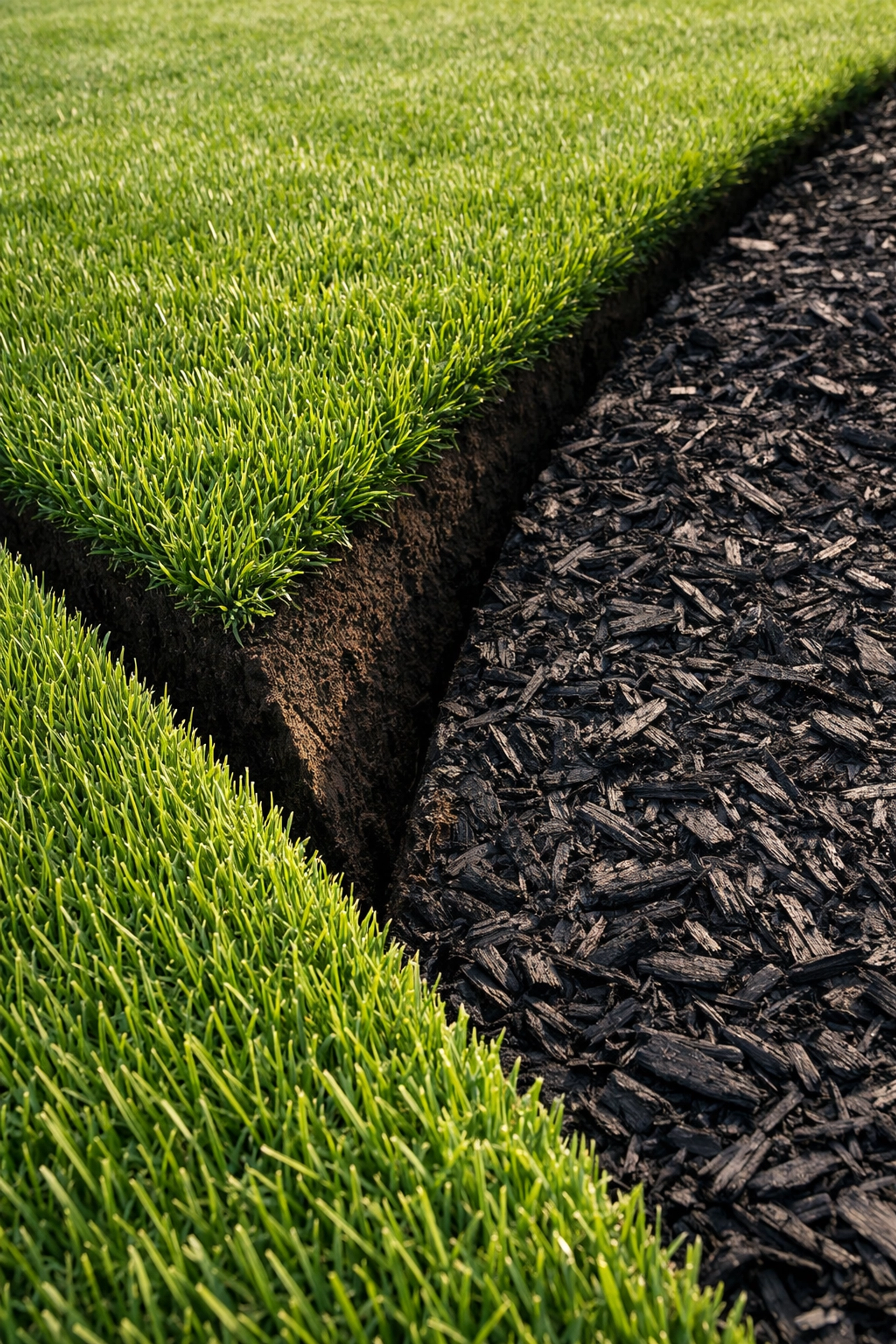 Sharp landscaping edge with black mulch providing a clean border for a well-maintained lawn.