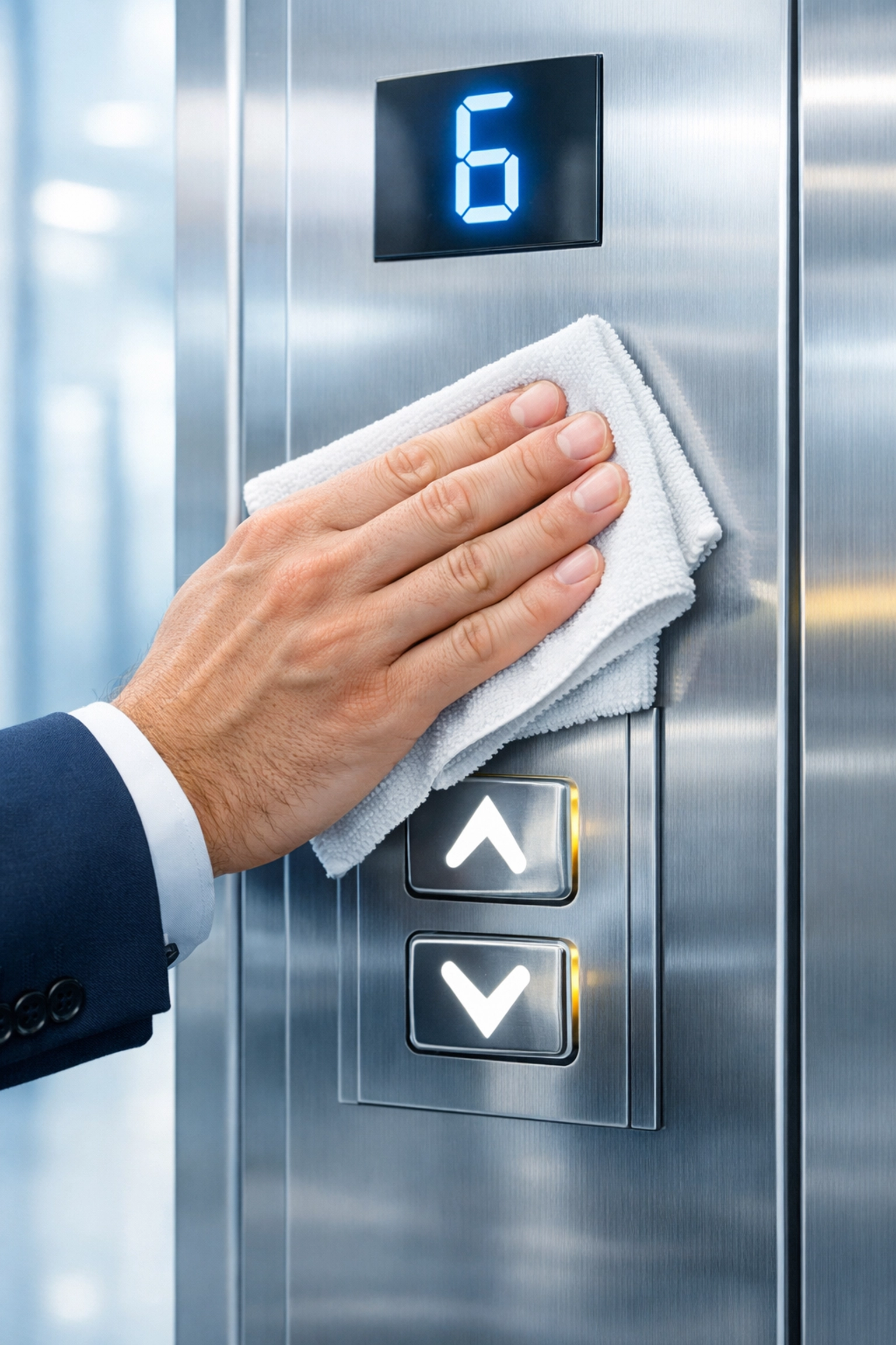 Professional cleaning team sanitizing high-touch elevator buttons in a North Andover, MA office building.