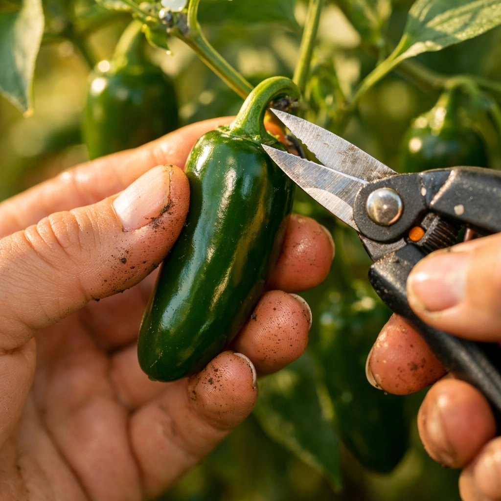 Harvesting fresh jalapeno peppers from plant with pruning shears