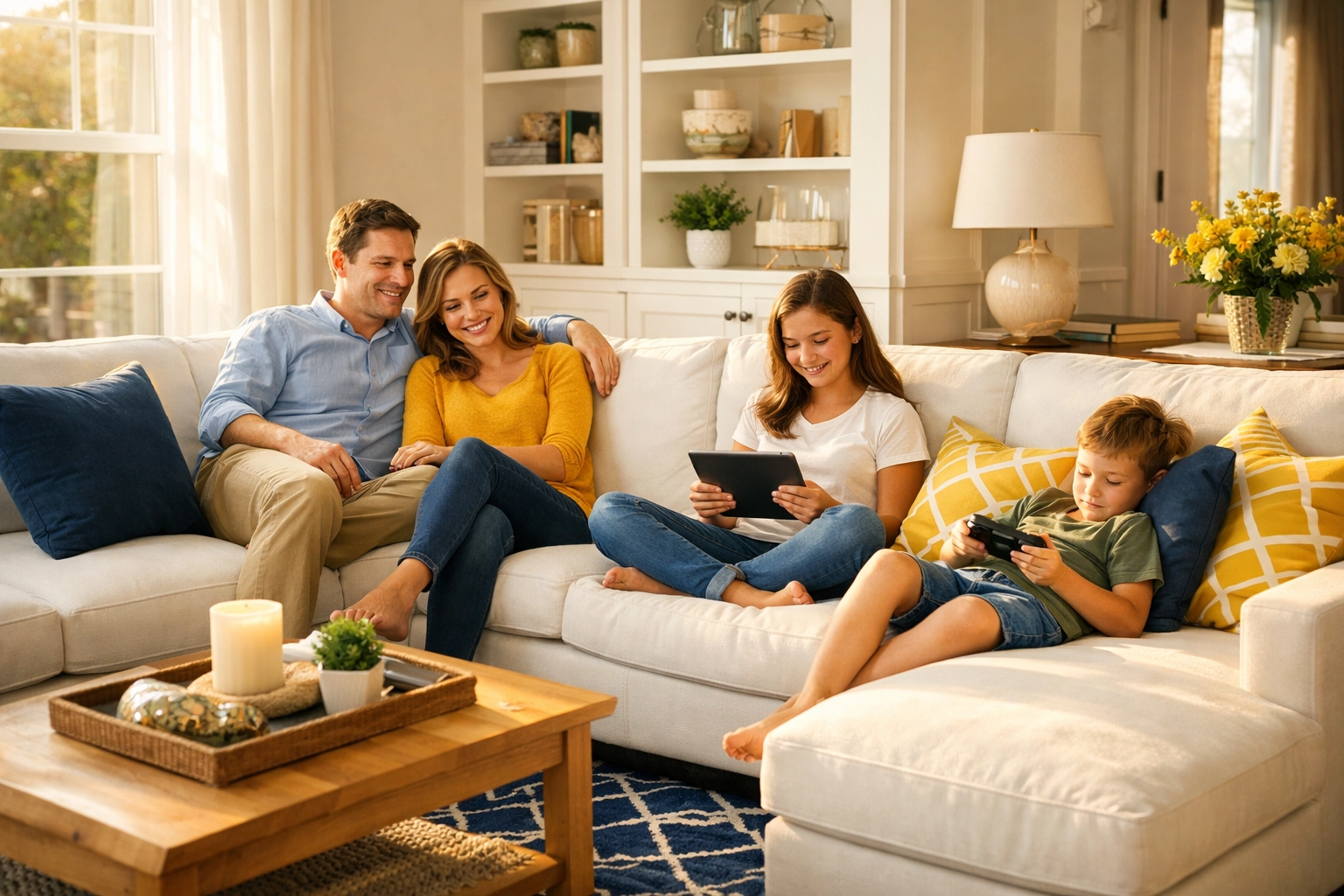 A stress-free family enjoys a tidy living room after a professional move-out cleaning Worcester MA.