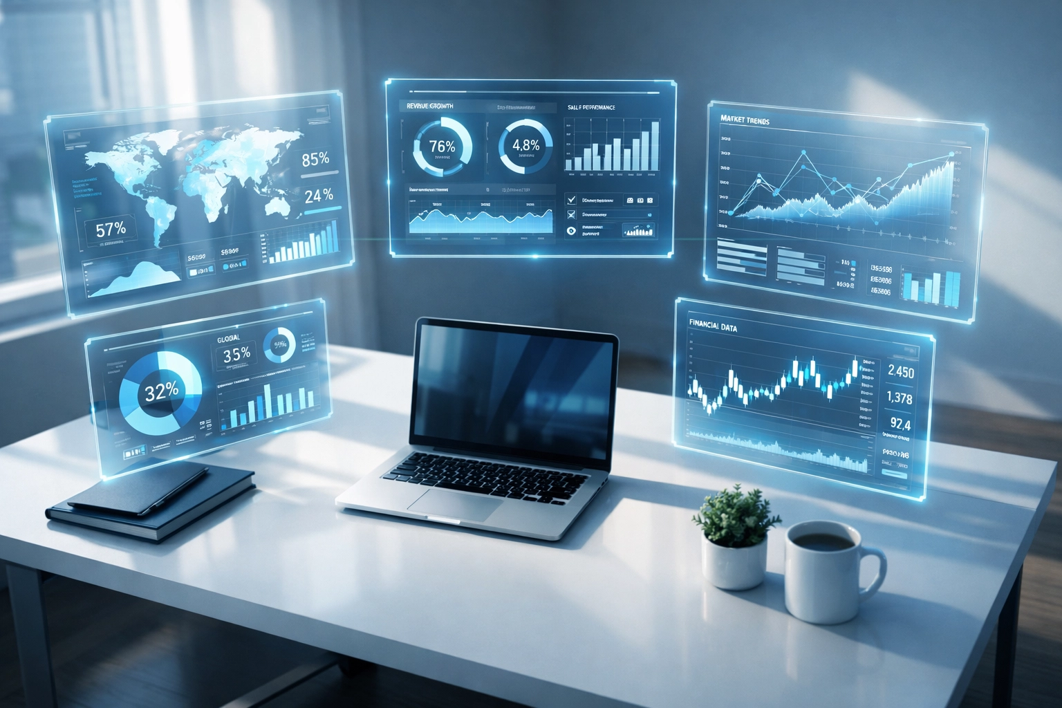 Modern office workspace with automated business analytics and real-time data dashboards
