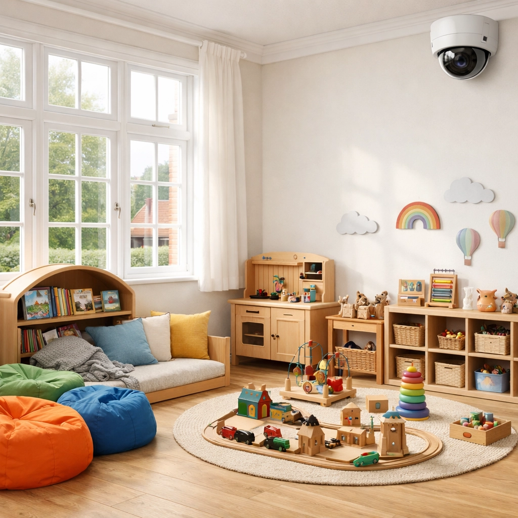 Discreet white CCTV dome camera mounted in a modern UK nursery playroom for child safeguarding.