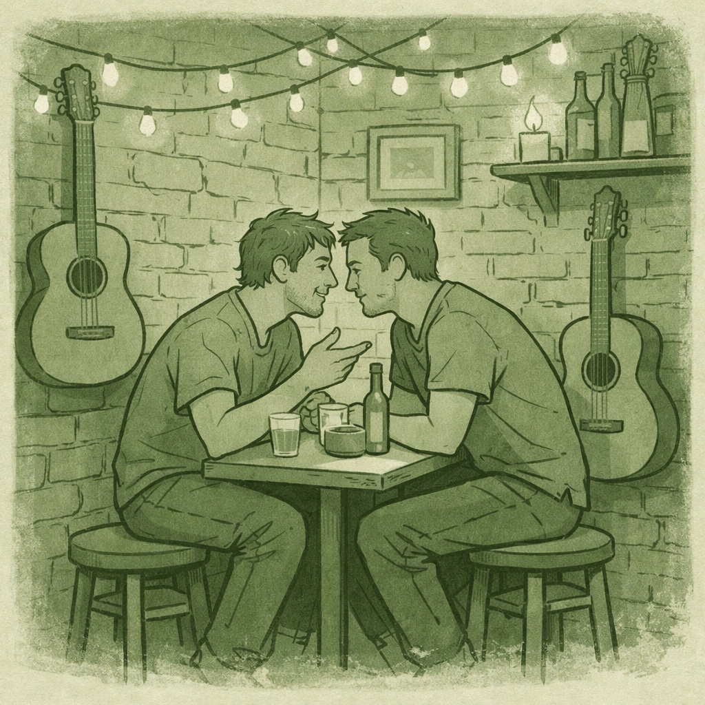 Gay couple sharing intimate moment at traditional Rio samba bar - MM romance scene