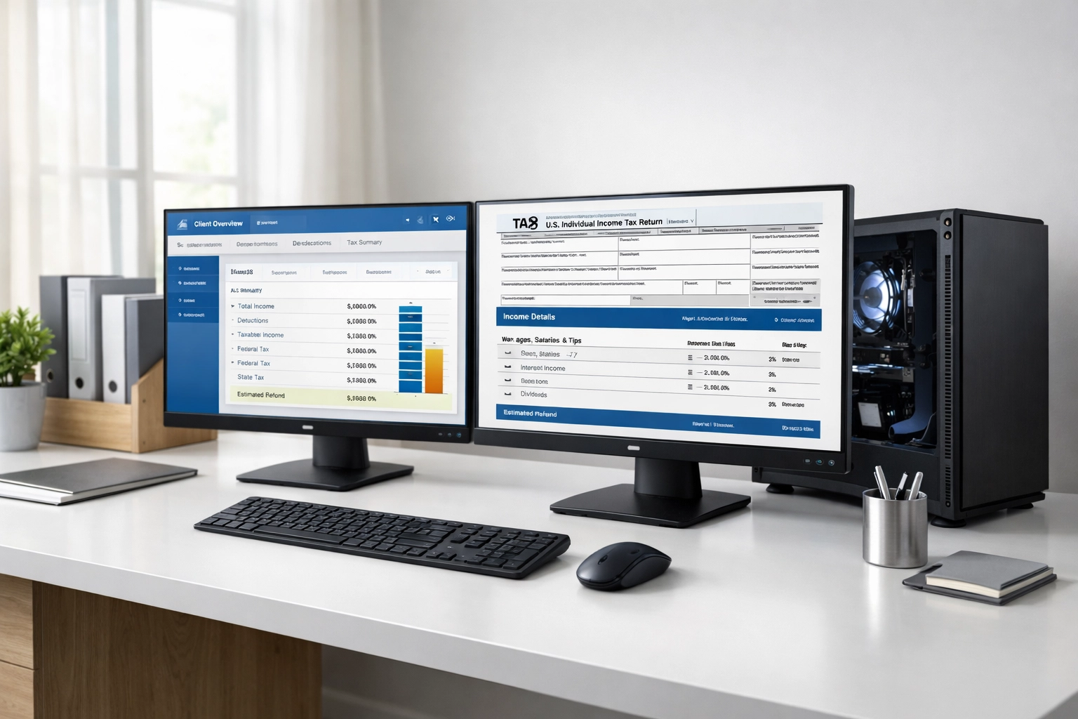 Modern ERO workstation with dual monitors running tax software for scaled operations
