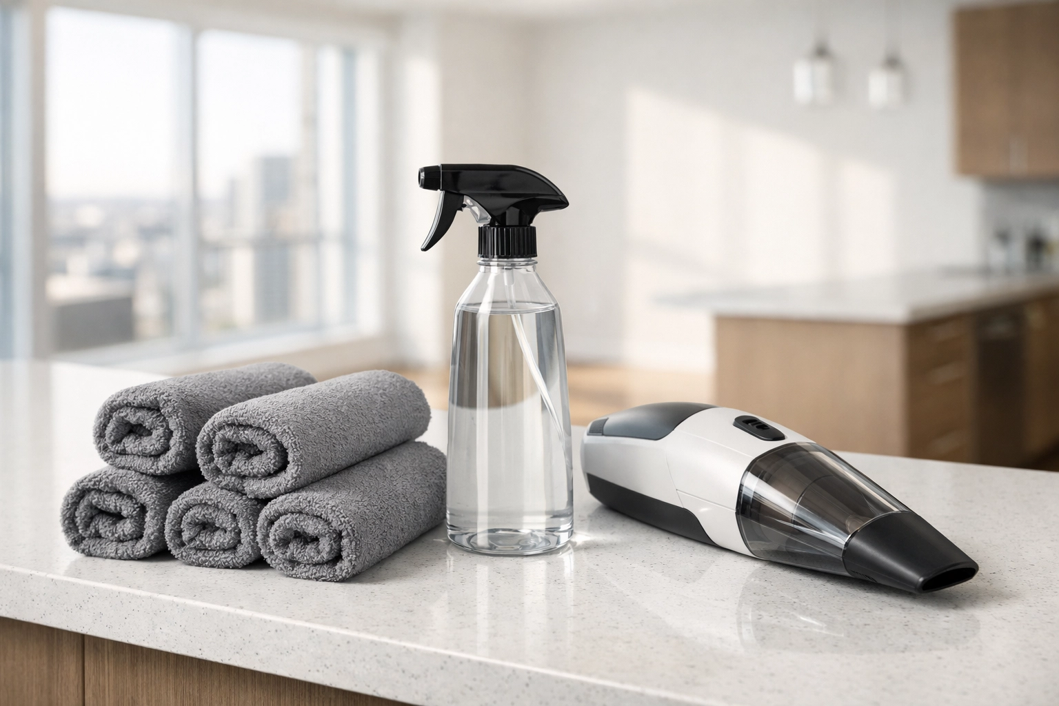 Professional cleaning supplies on a kitchen island in an empty Chicago apartment ready for turnover.