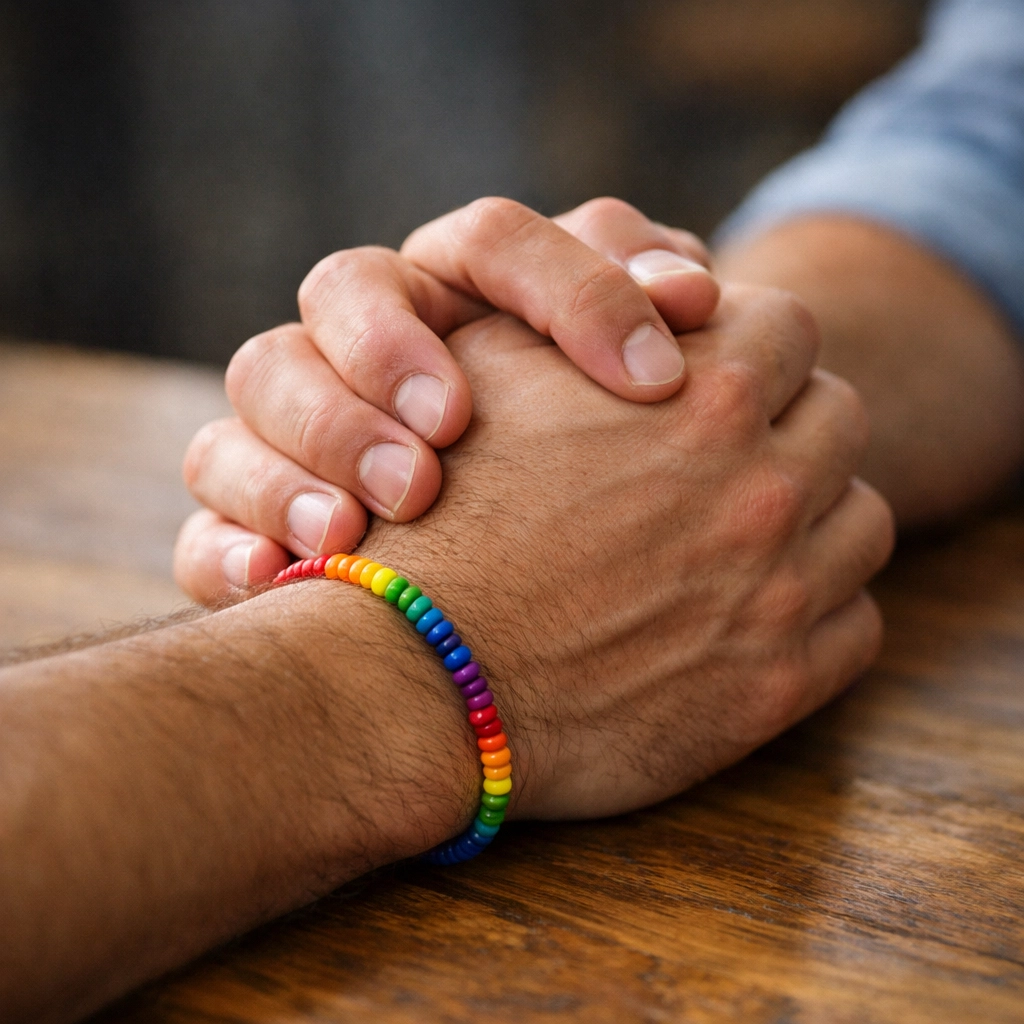 Close-up of two men holding hands in solidarity with a rainbow bracelet, representing LGBTQ+ support and care.