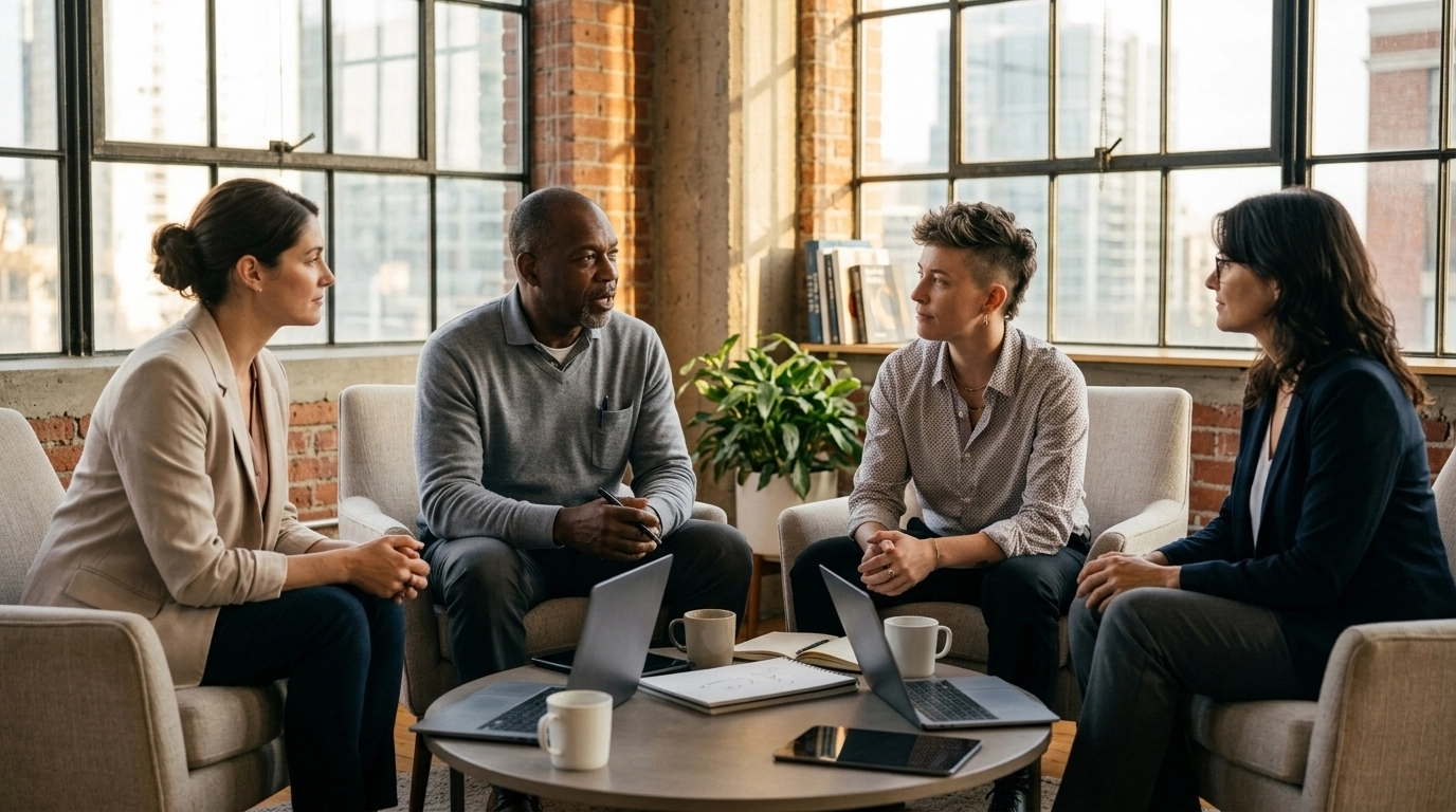 A diverse group of professionals sit in a sun-drenched circle, talking and listening intently.