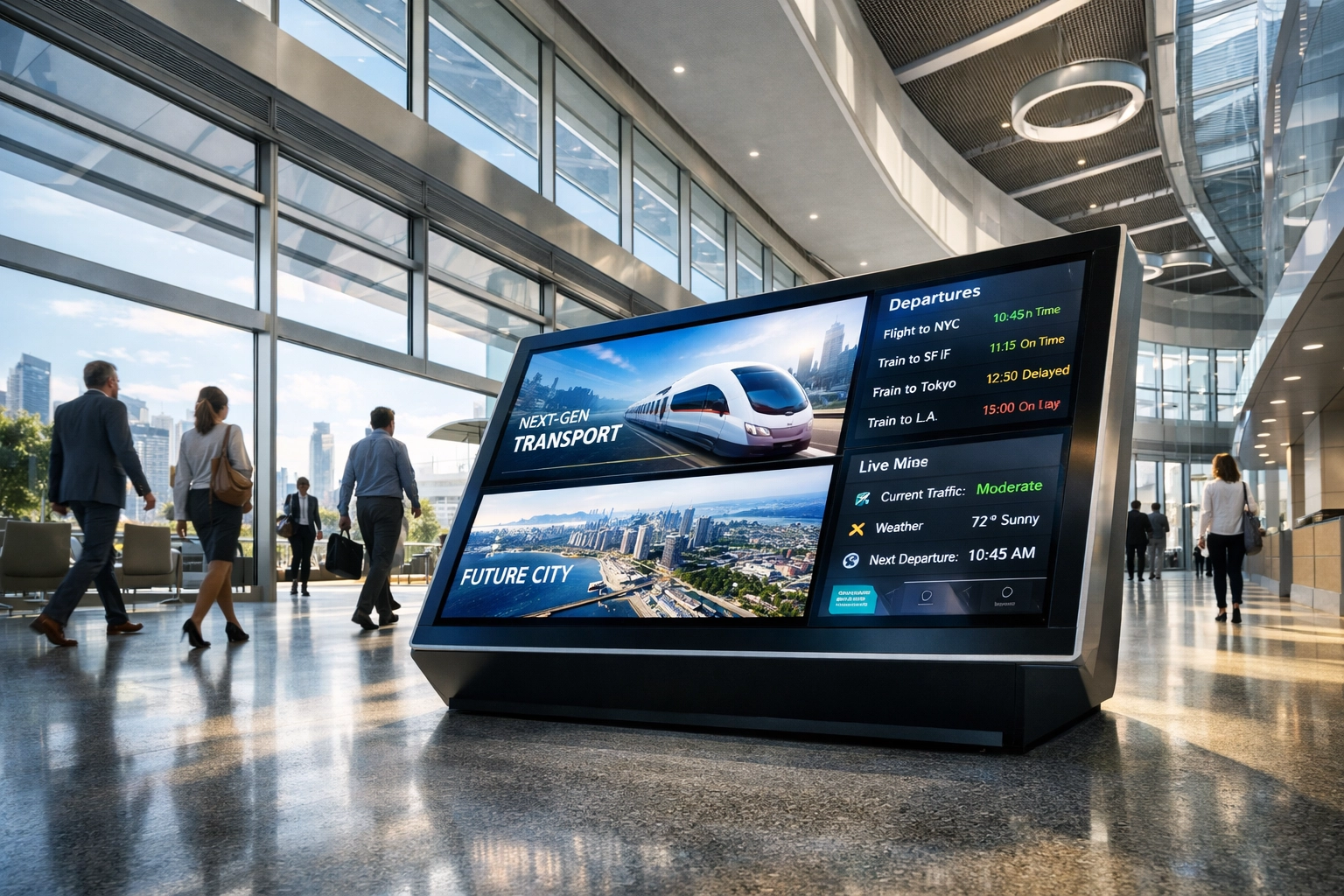 Modern innovation center featuring an interactive digital kiosk for travel data and media engagement.