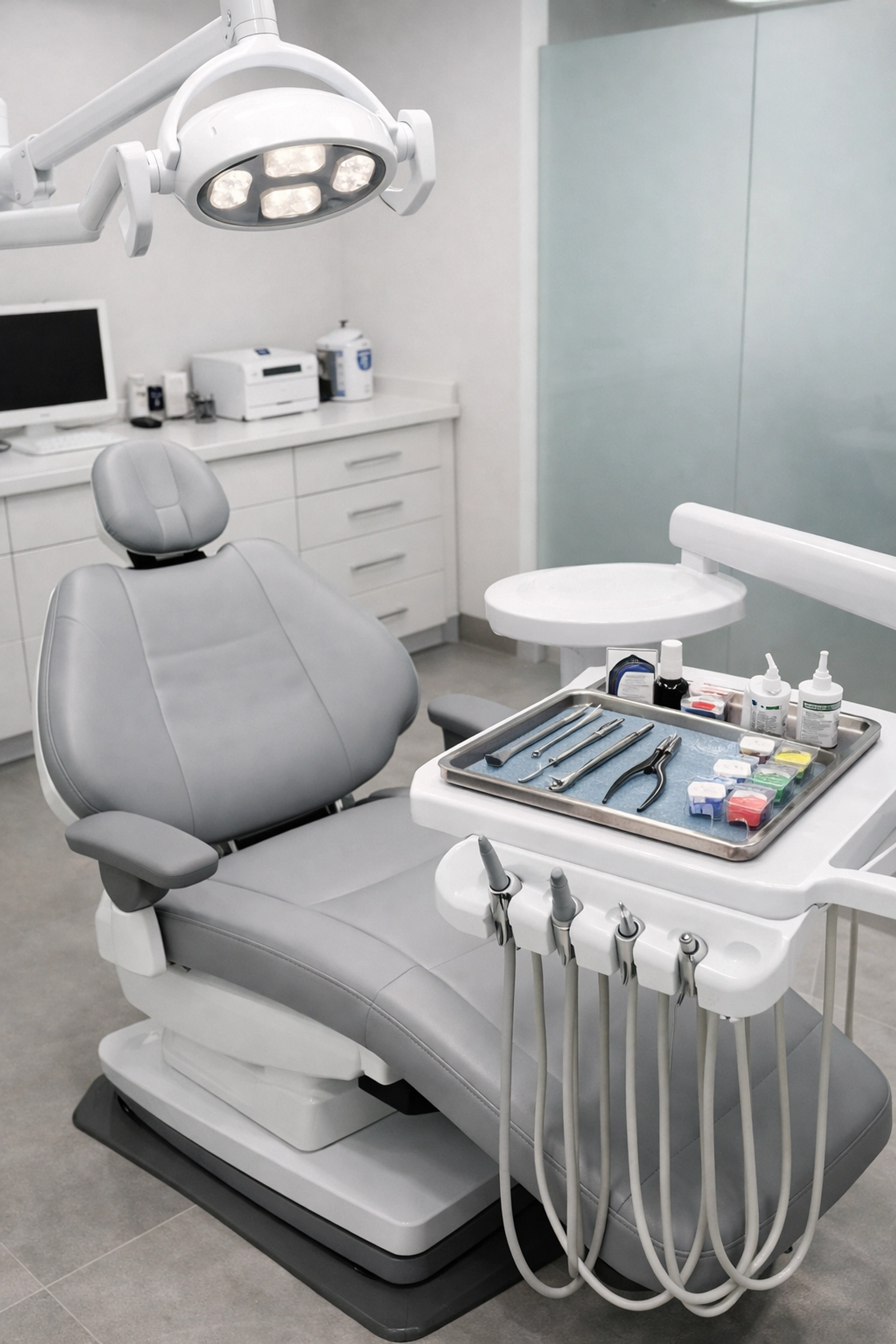 Professional orthodontic treatment room with examination chair and organized equipment
