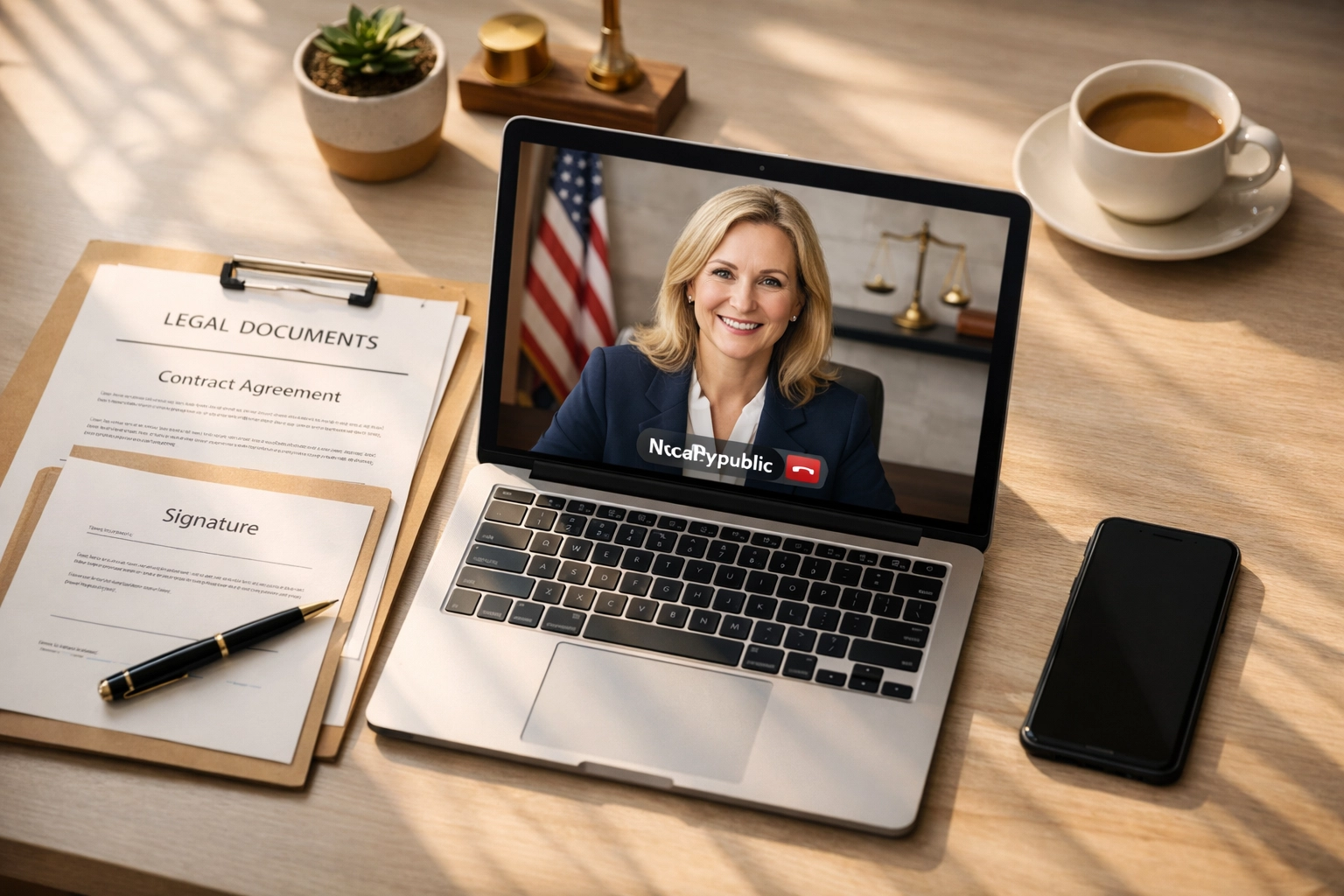 Remote online notarization session on laptop with legal documents showing efficient digital workflow