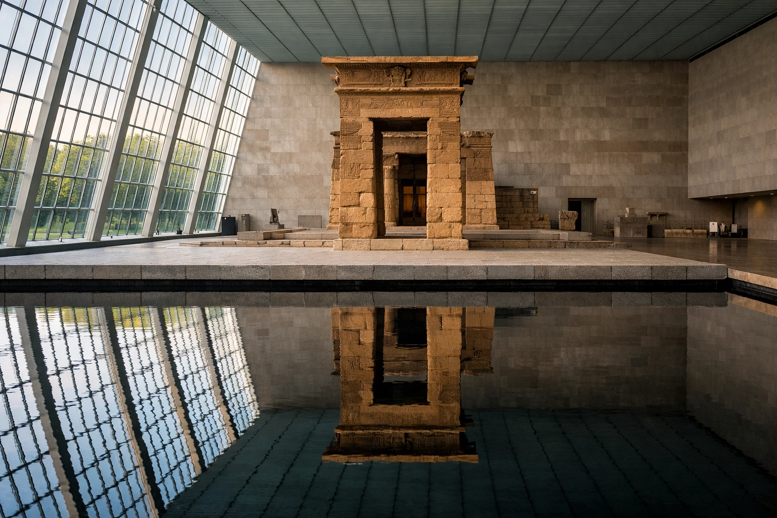 Symmetric reflection of the Temple of Dendur in the Sackler Wing, a top photo spot at the Met.