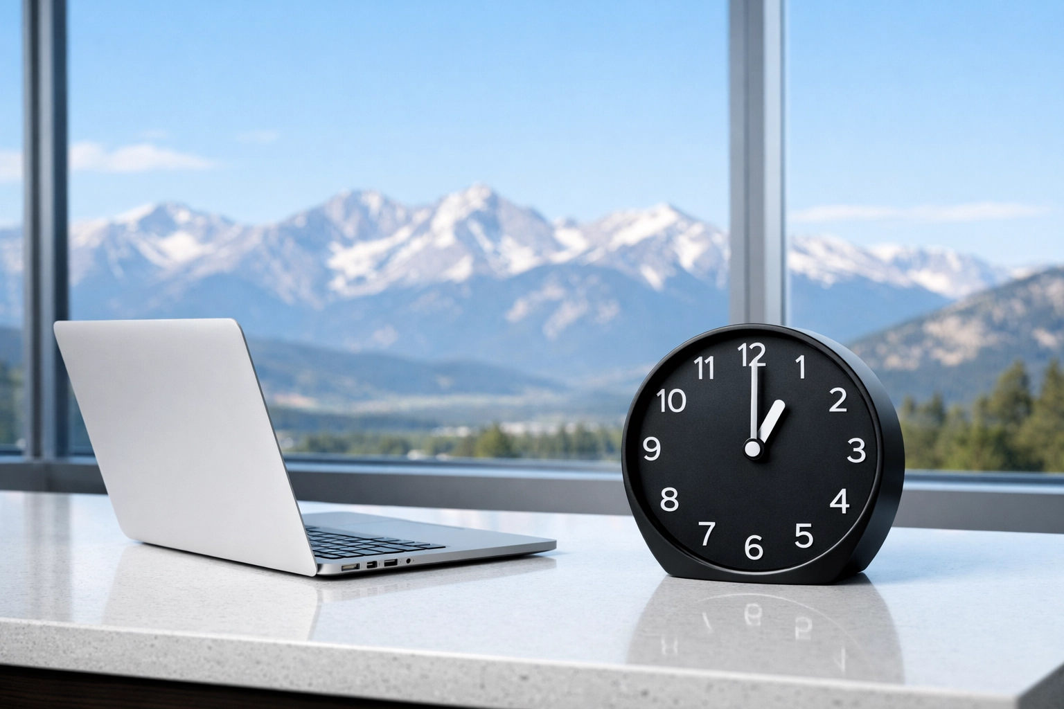 Modern Colorado office desk with a clock showing 1:00 PM for Dakdan Worldwide's digital media strategy.