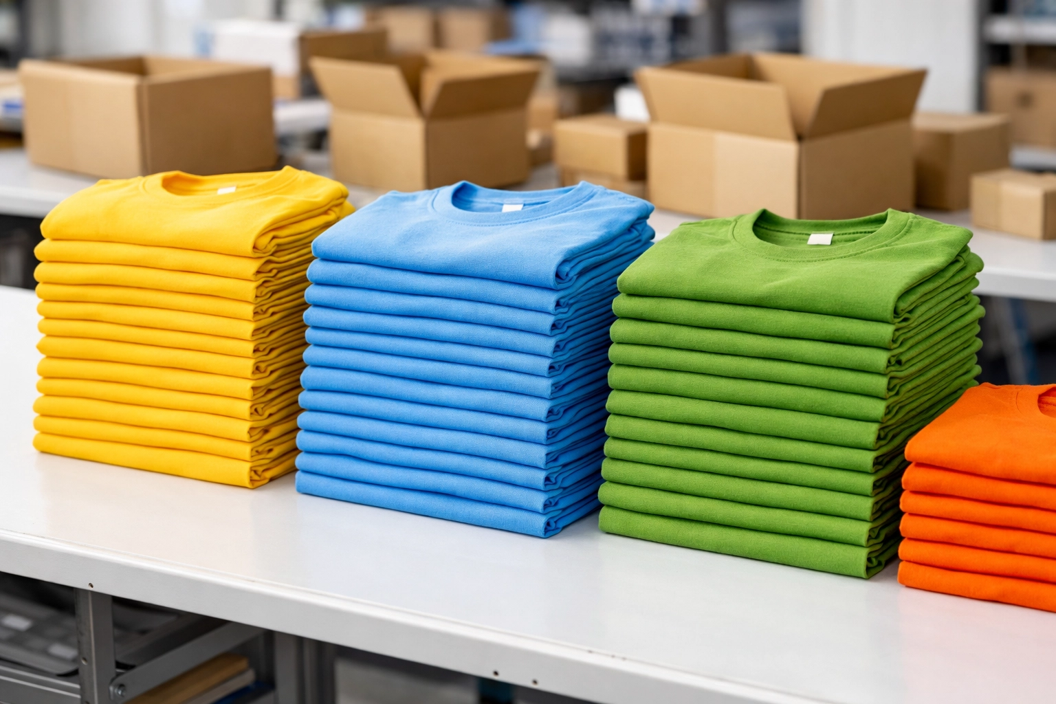 Organized stacks of colorful custom summer camp t-shirts ready for fast shipping.