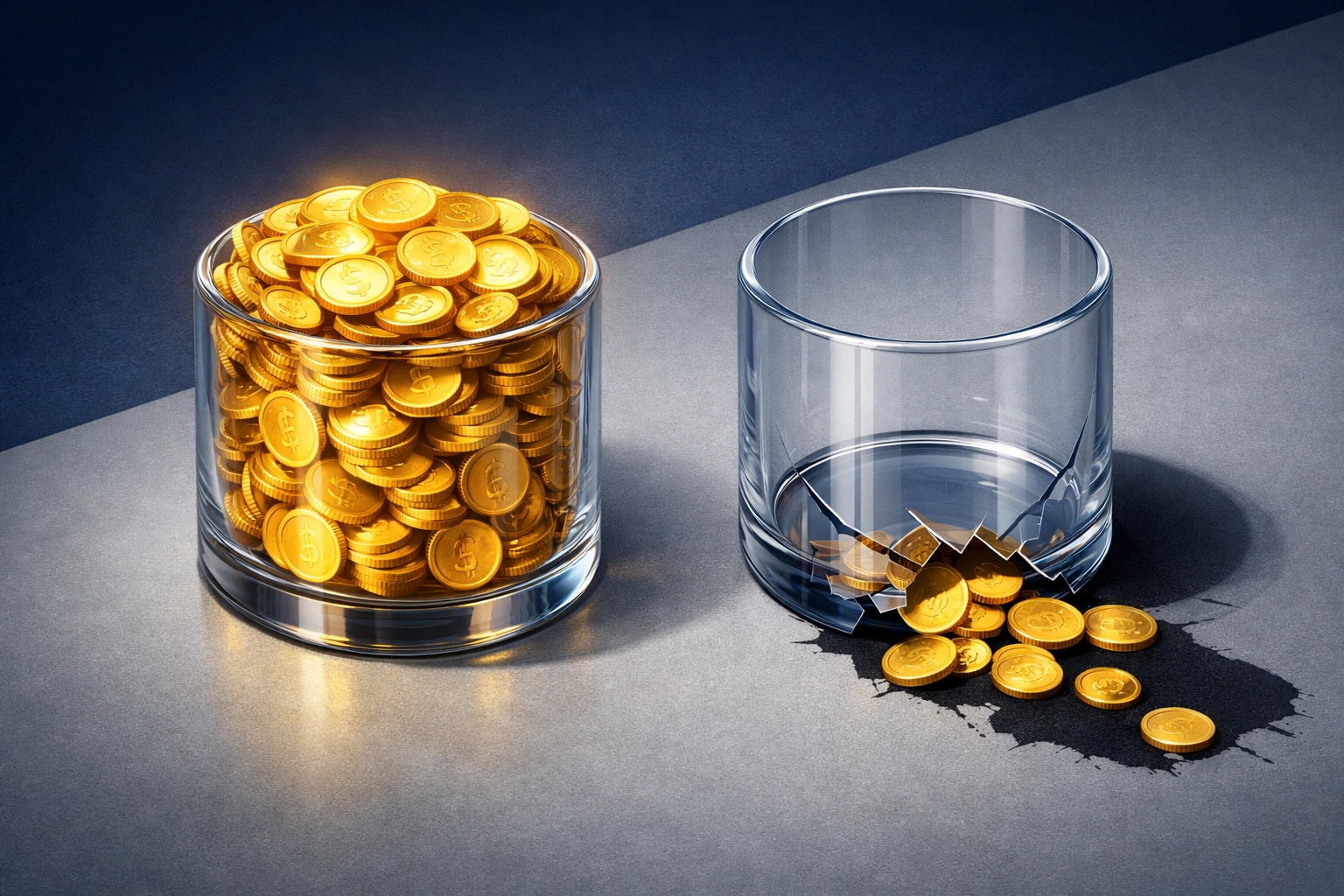 Visual comparison of high-retention and high-churn property management portfolios using gold coins.