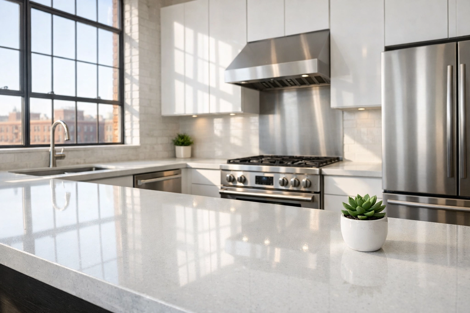 Professionally cleaned modern kitchen in a Detroit rental loft ready for move-in.
