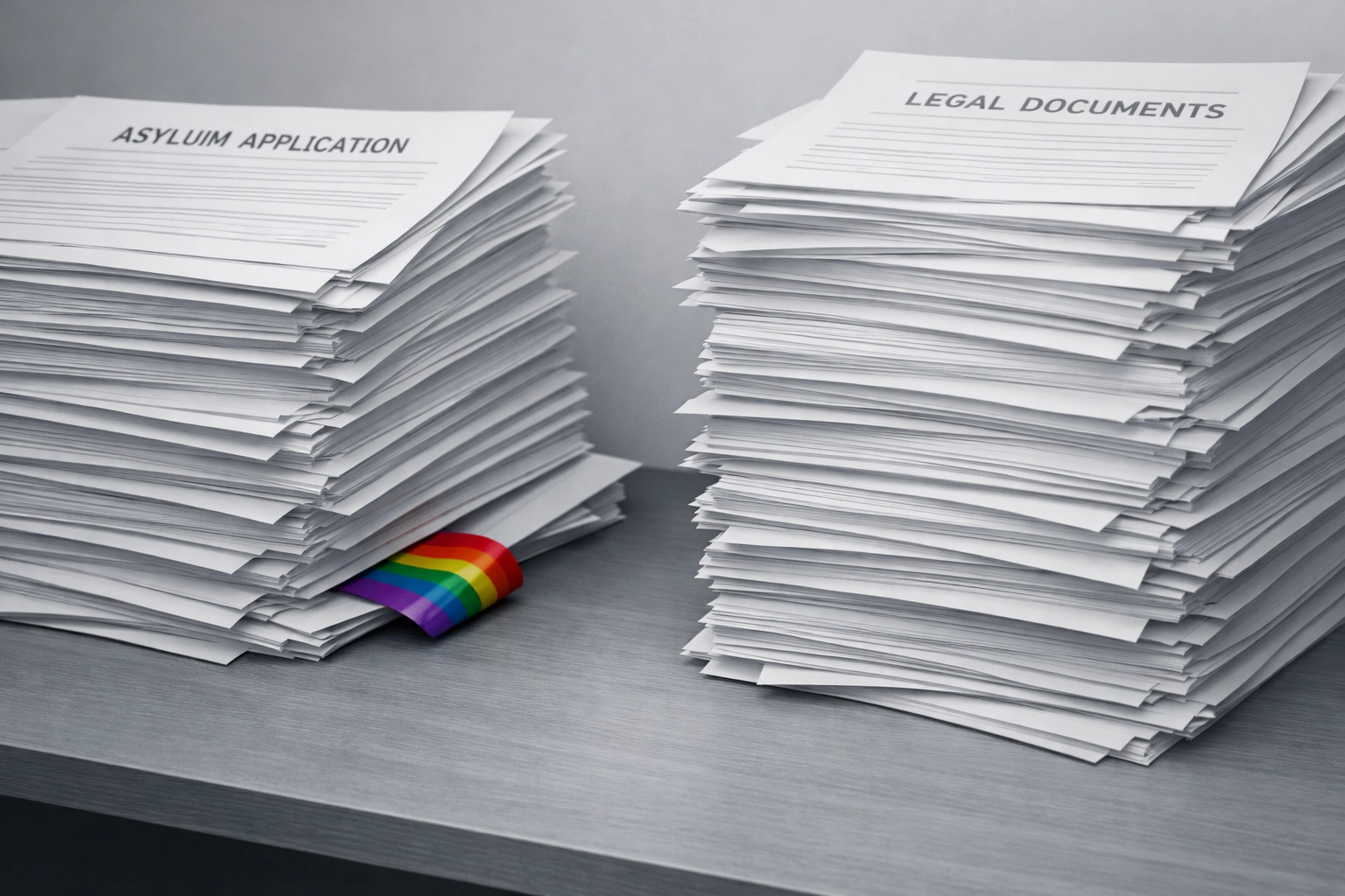 Overwhelming asylum forms on a desk with a rainbow ribbon, showing the bureaucratic hurdles for queer refugees.