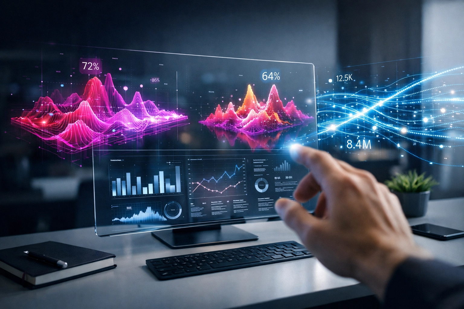 Advanced social media analytics dashboard showing real-time traffic and sentiment data visualizations.