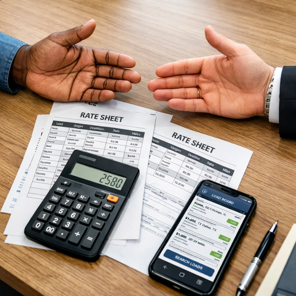 Truck driver negotiating freight rates with broker using load board data and rate sheets