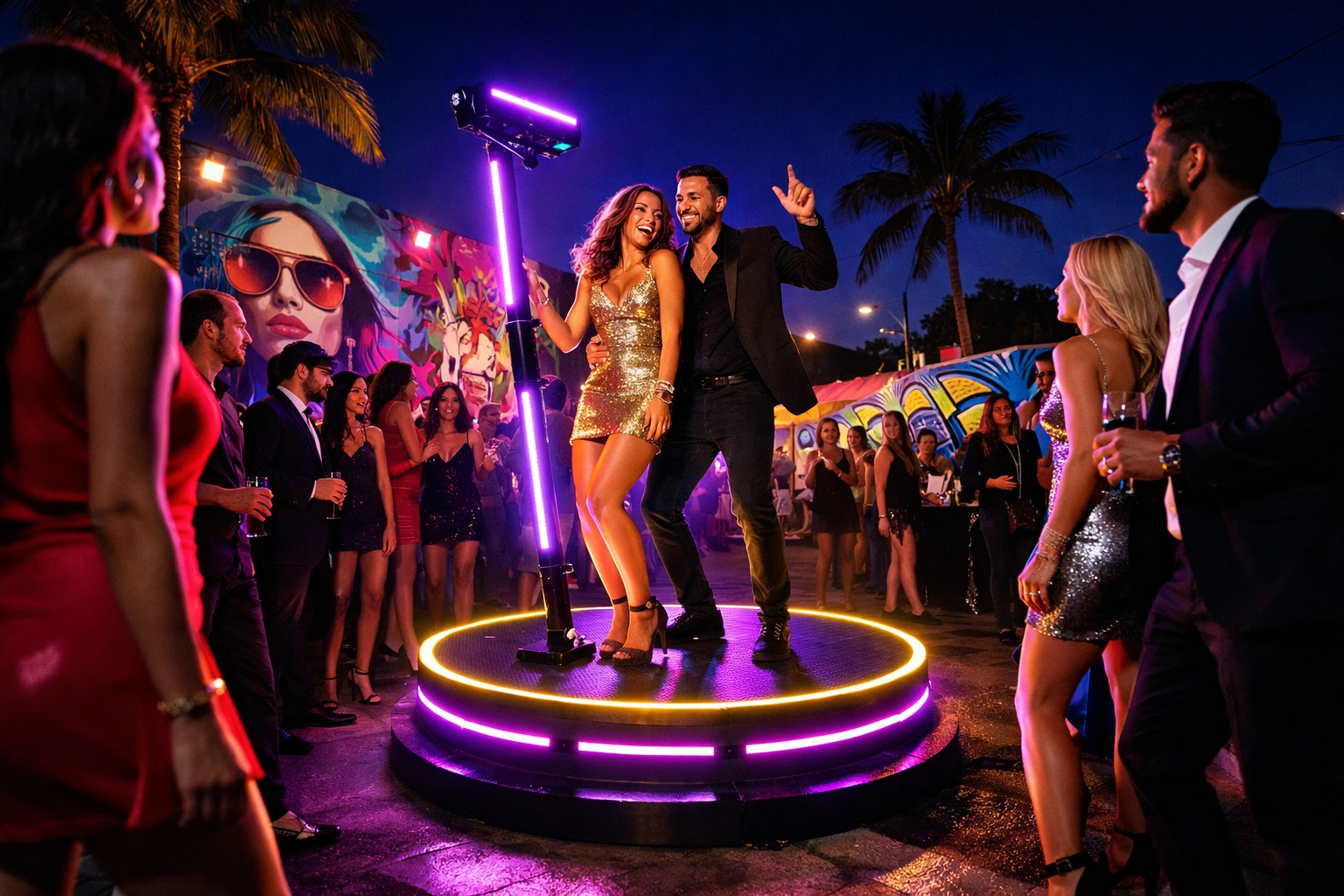 360 photo booth activation at Miami Wynwood event with guests and colorful street art backdrop