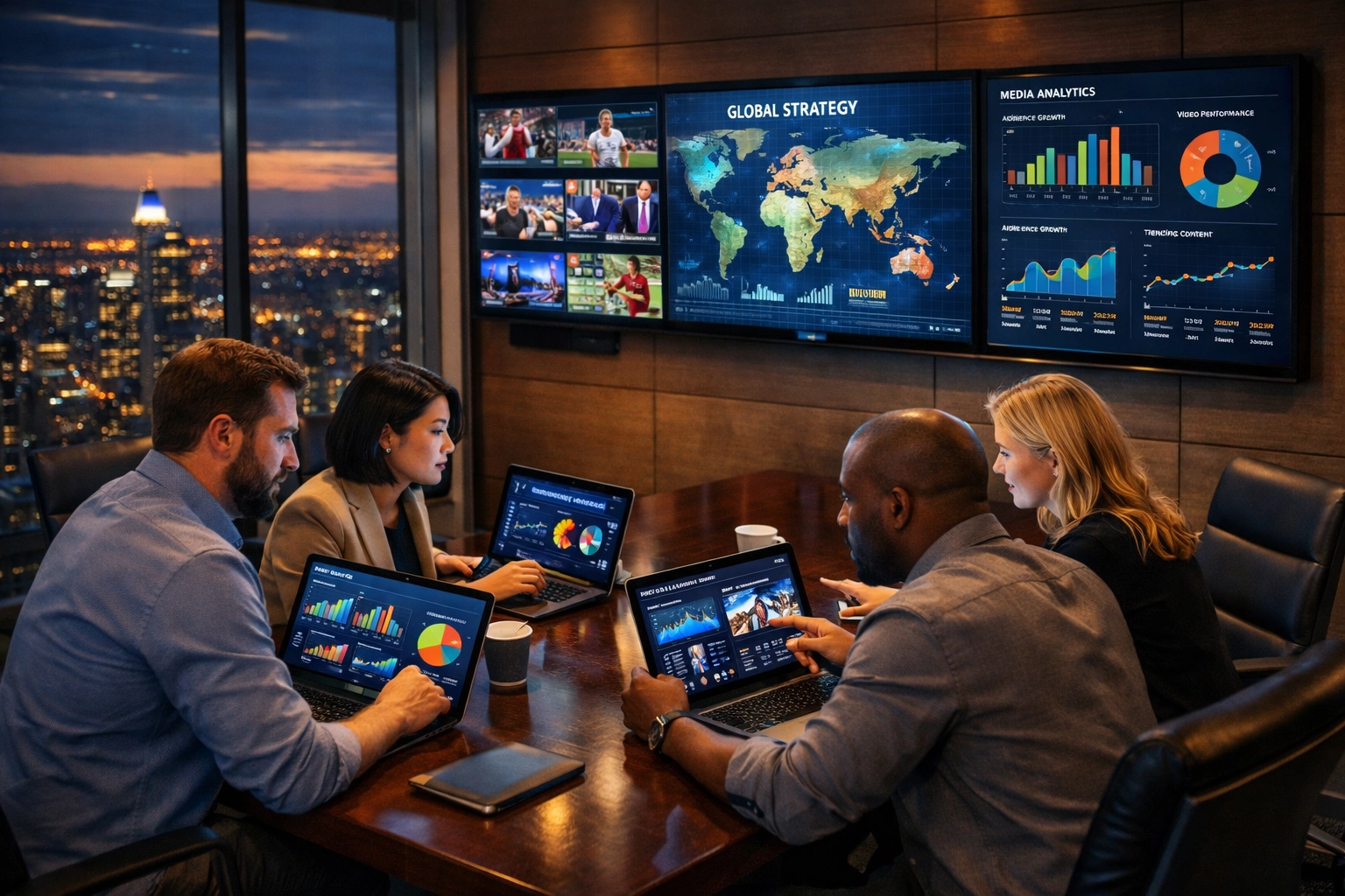 Dakdan Worldwide experts collaborating on digital media strategy and analytics in a modern skyscraper boardroom.