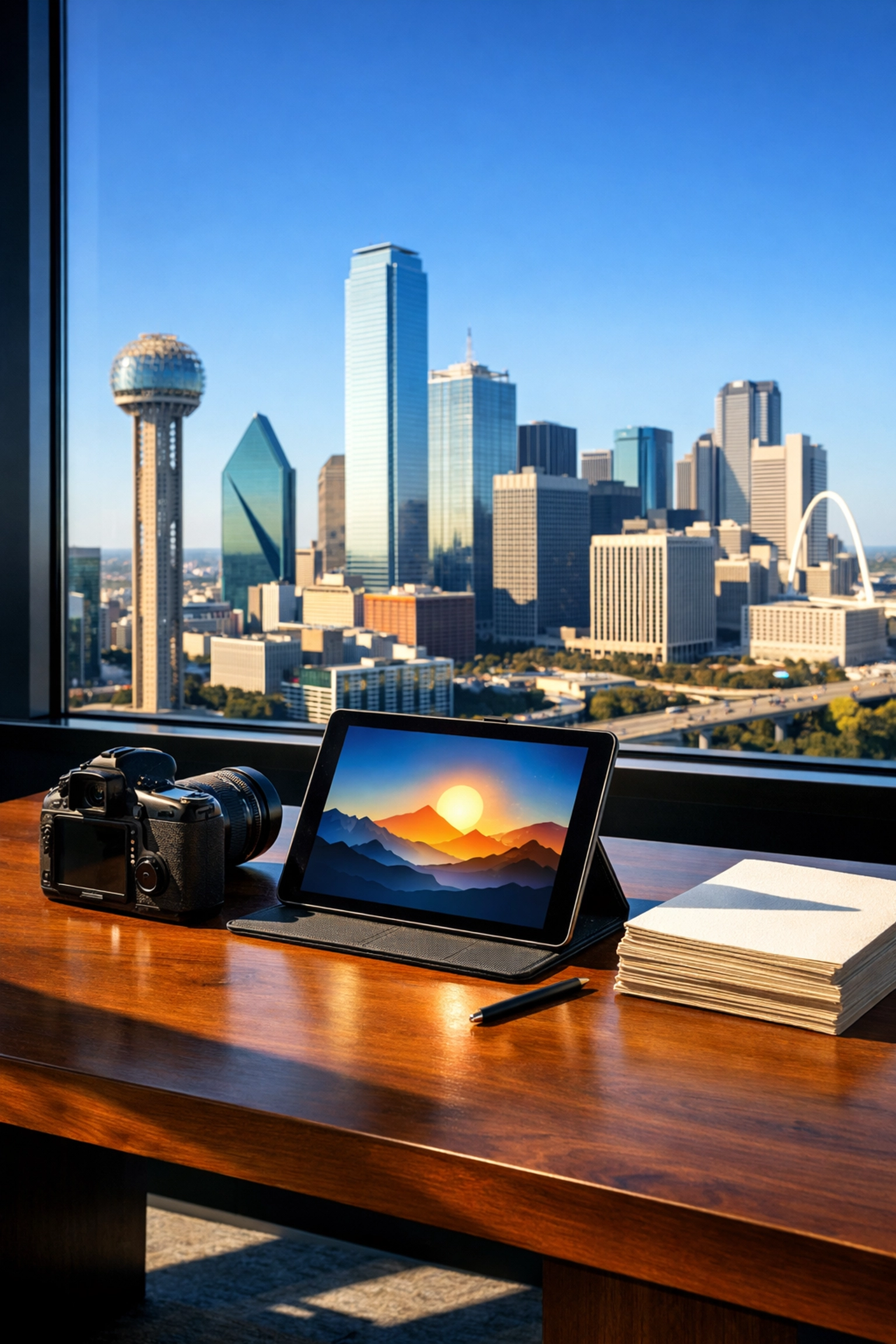 Modern Dallas office workspace overlooking the skyline, perfect for launching a new DFW business.