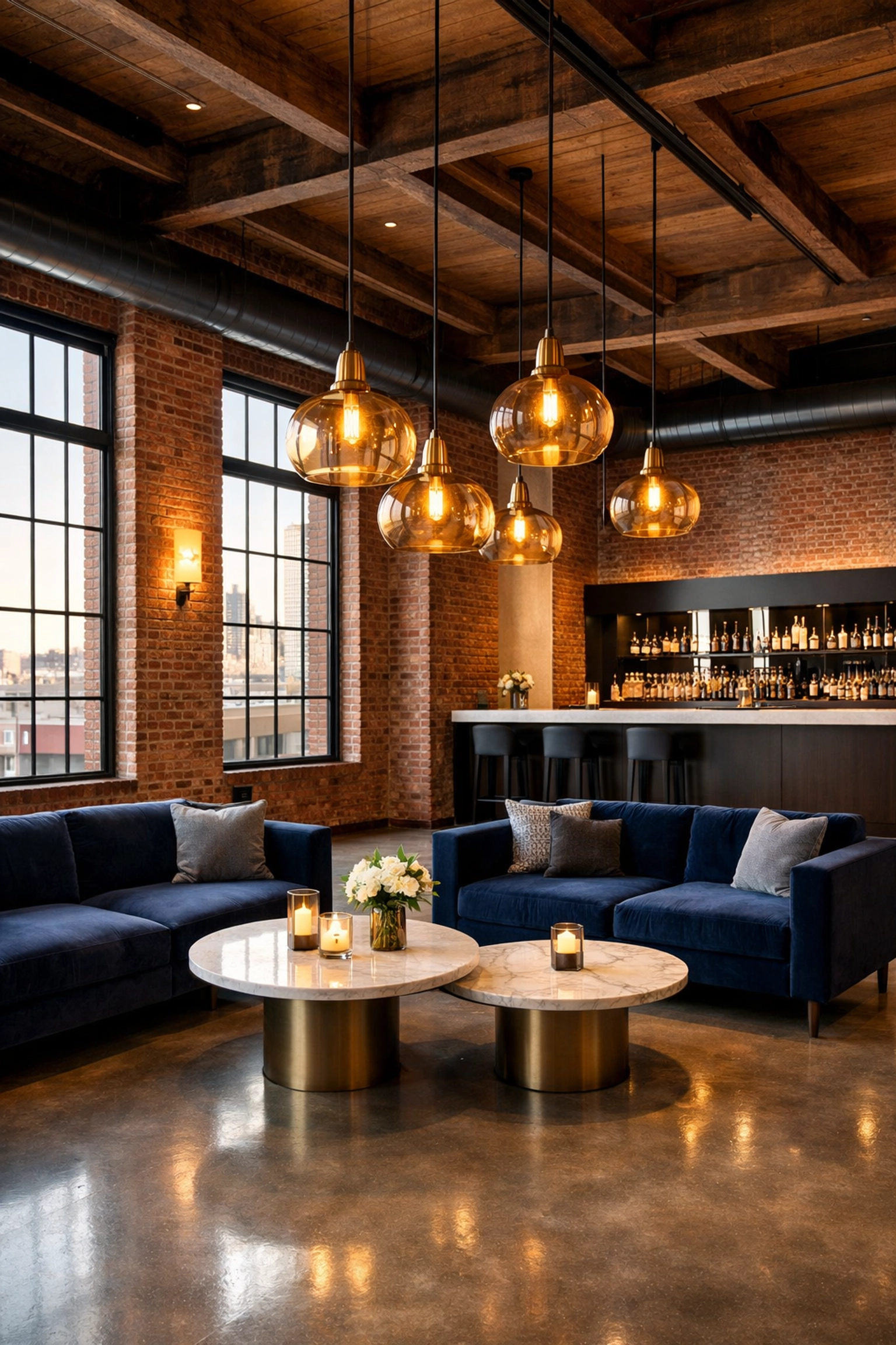 Luxury industrial-chic corporate event space designed for Super Bowl VIP executive hosting and networking.