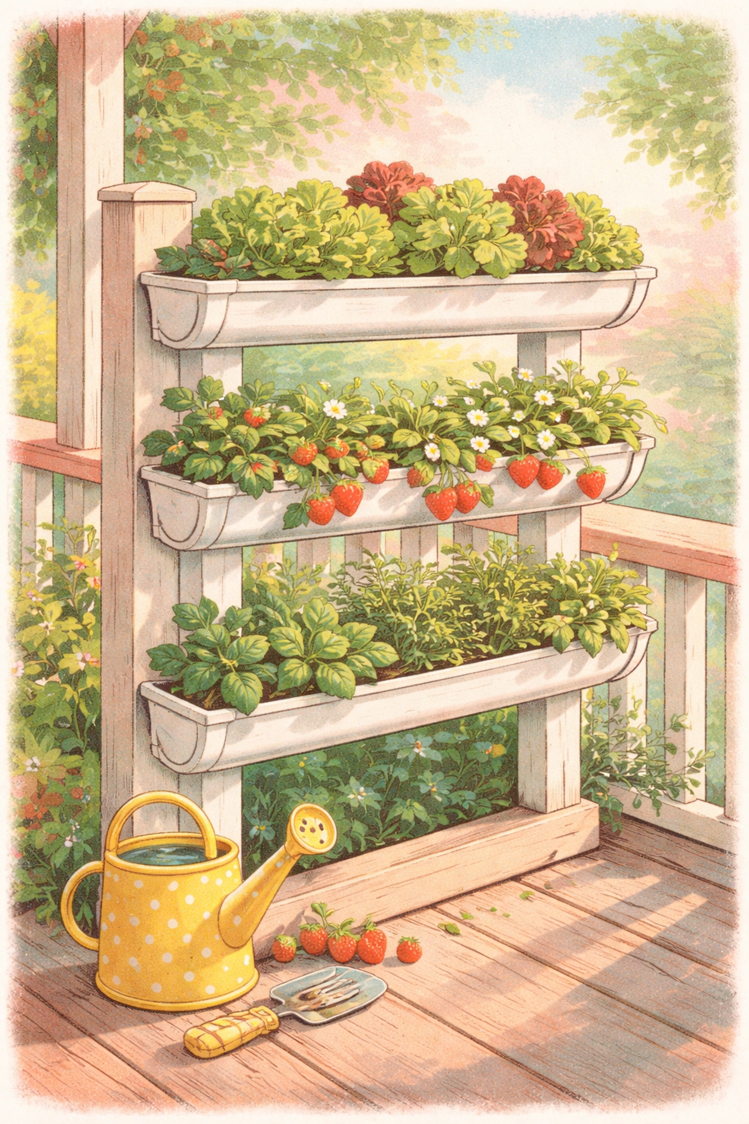 Three-tier vertical gutter garden on a sunny porch railing filled with greens, strawberries, and herbs.