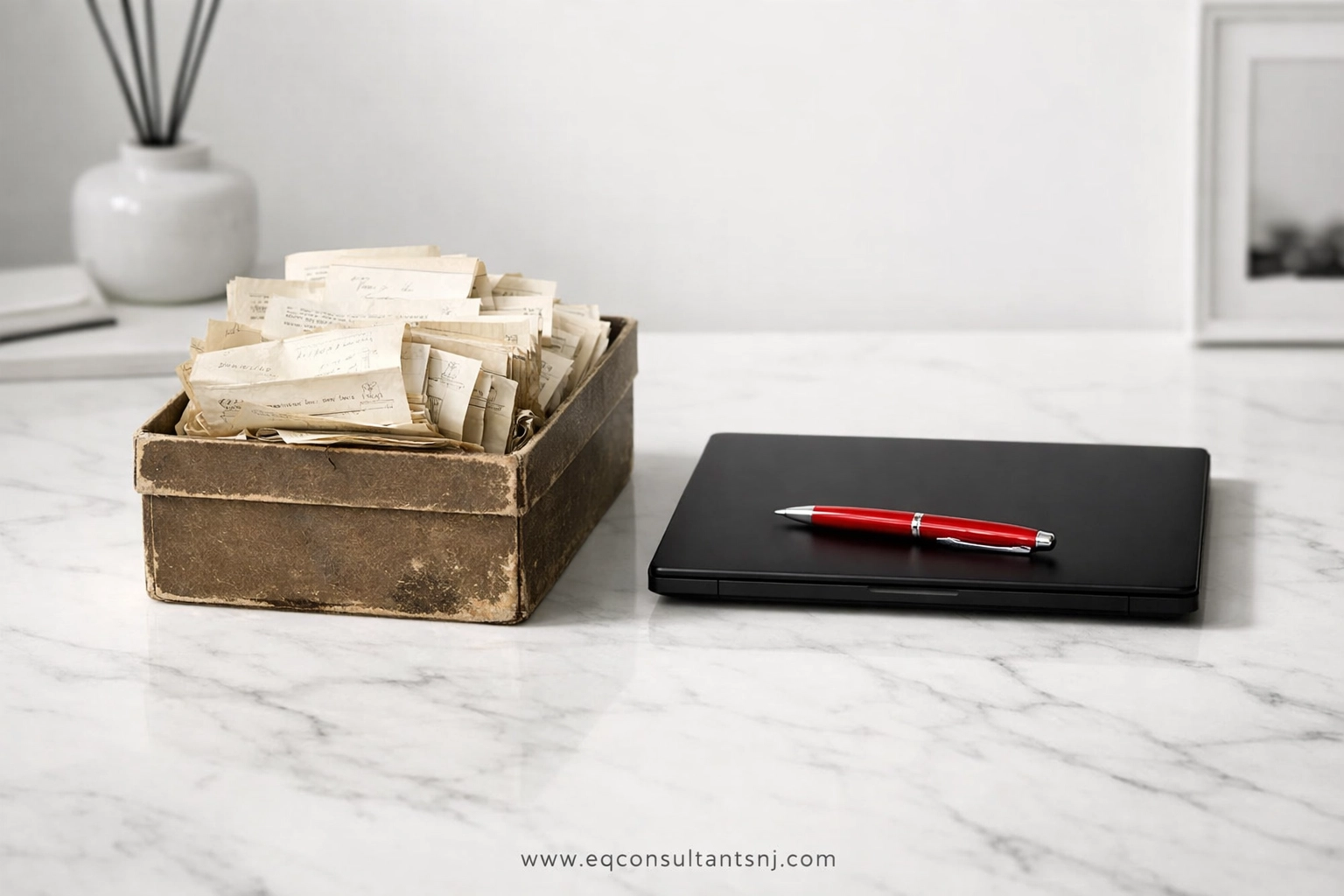 NJ business owner moving from a shoebox of paper receipts to professional virtual bookkeeping software.