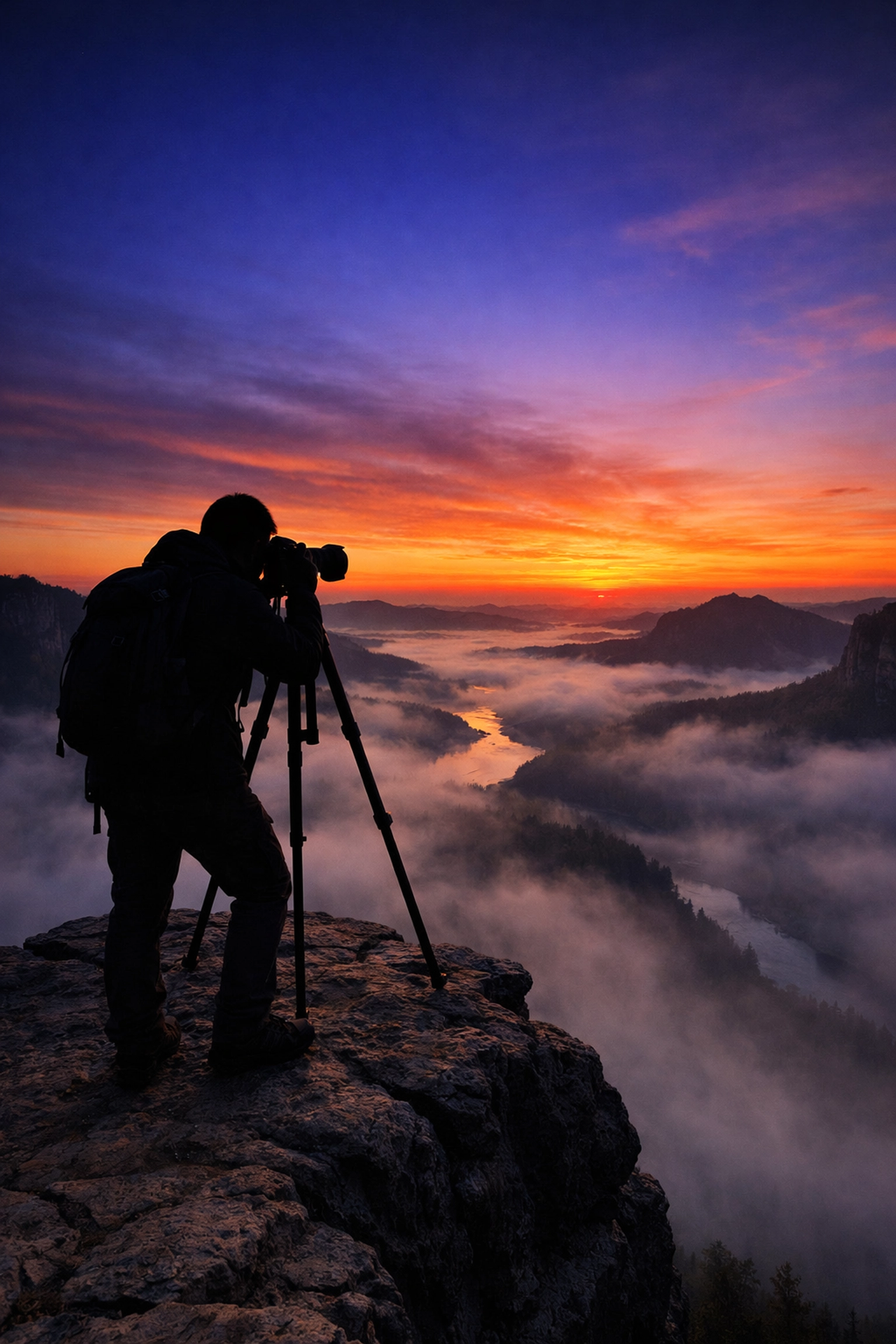 Silhouette of a landscape photographer on a cliff edge capturing the future of photography at dawn.