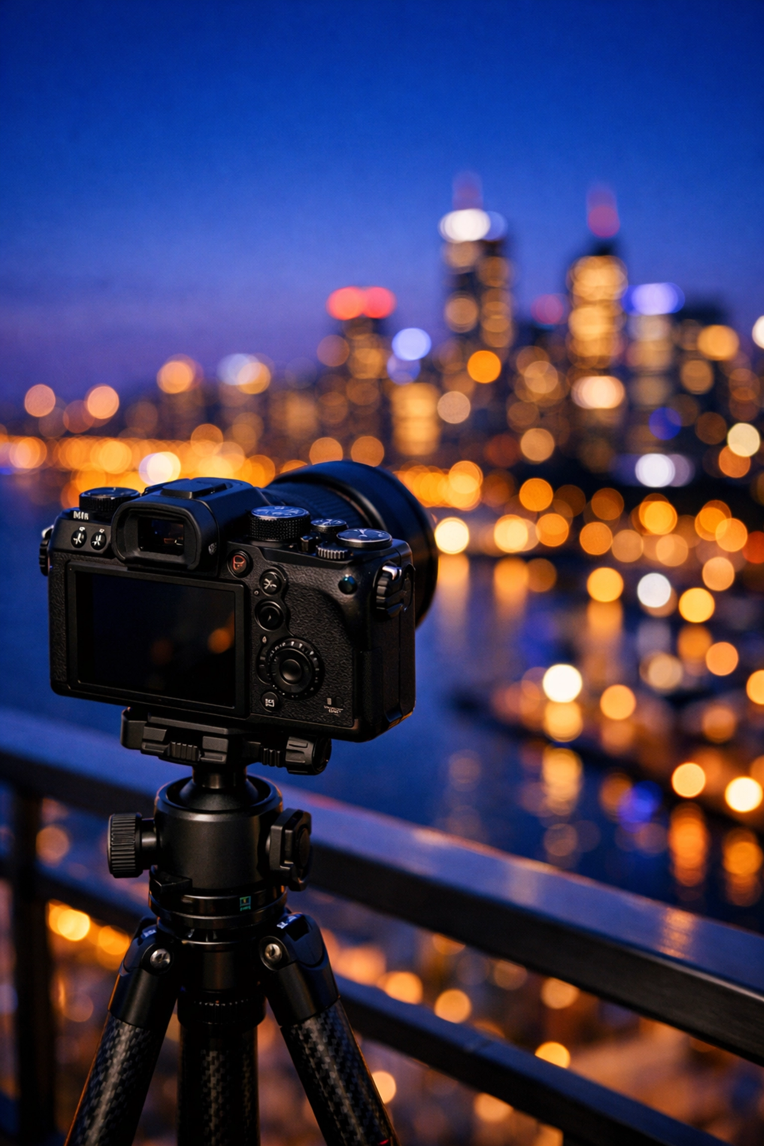 Professional photography gear capturing a glowing city skyline during the blue hour.