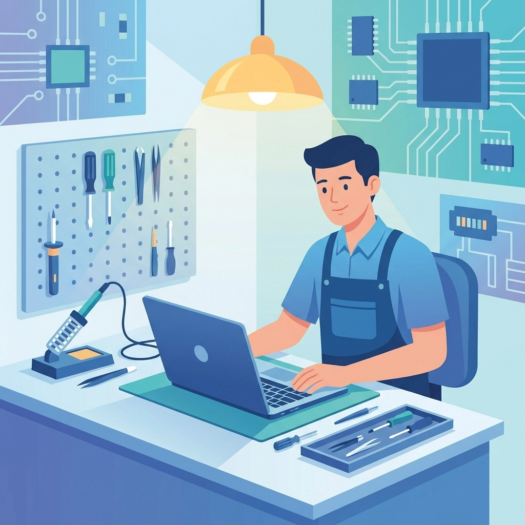 Technician repairing a laptop at a computer store workbench in Florida, highlighting local IT expertise.