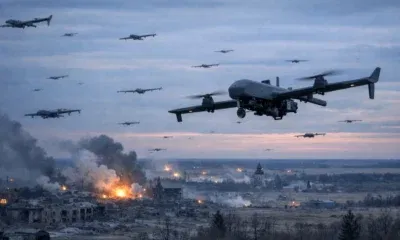 A fleet of military drones flies over a landscape, illustrating the modern warfare technology required for Arctic surveillance.