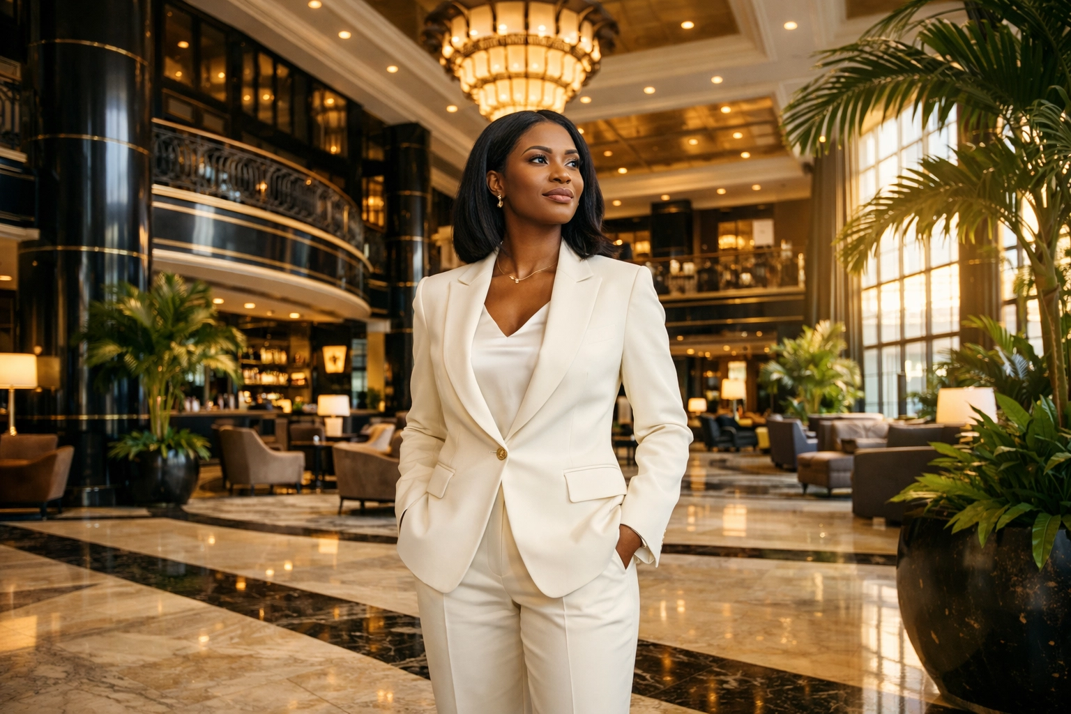 7 Black People of Interest to Inspire Your Next #Buyblack Purchase Elegant Black woman in a luxury resort lobby showcasing success through business diversification.