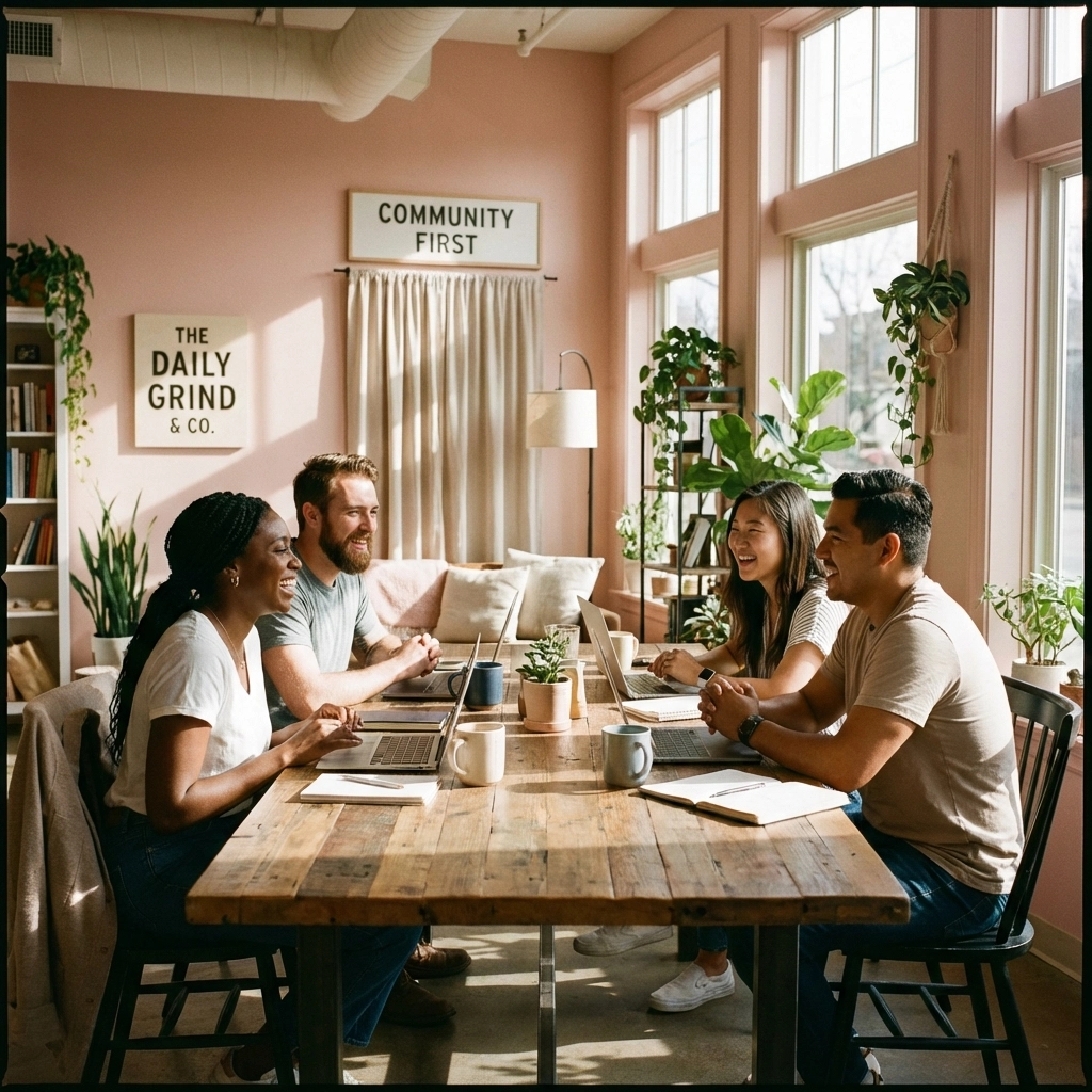 Small business owners networking in a cozy coffee shop to build genuine business relationships