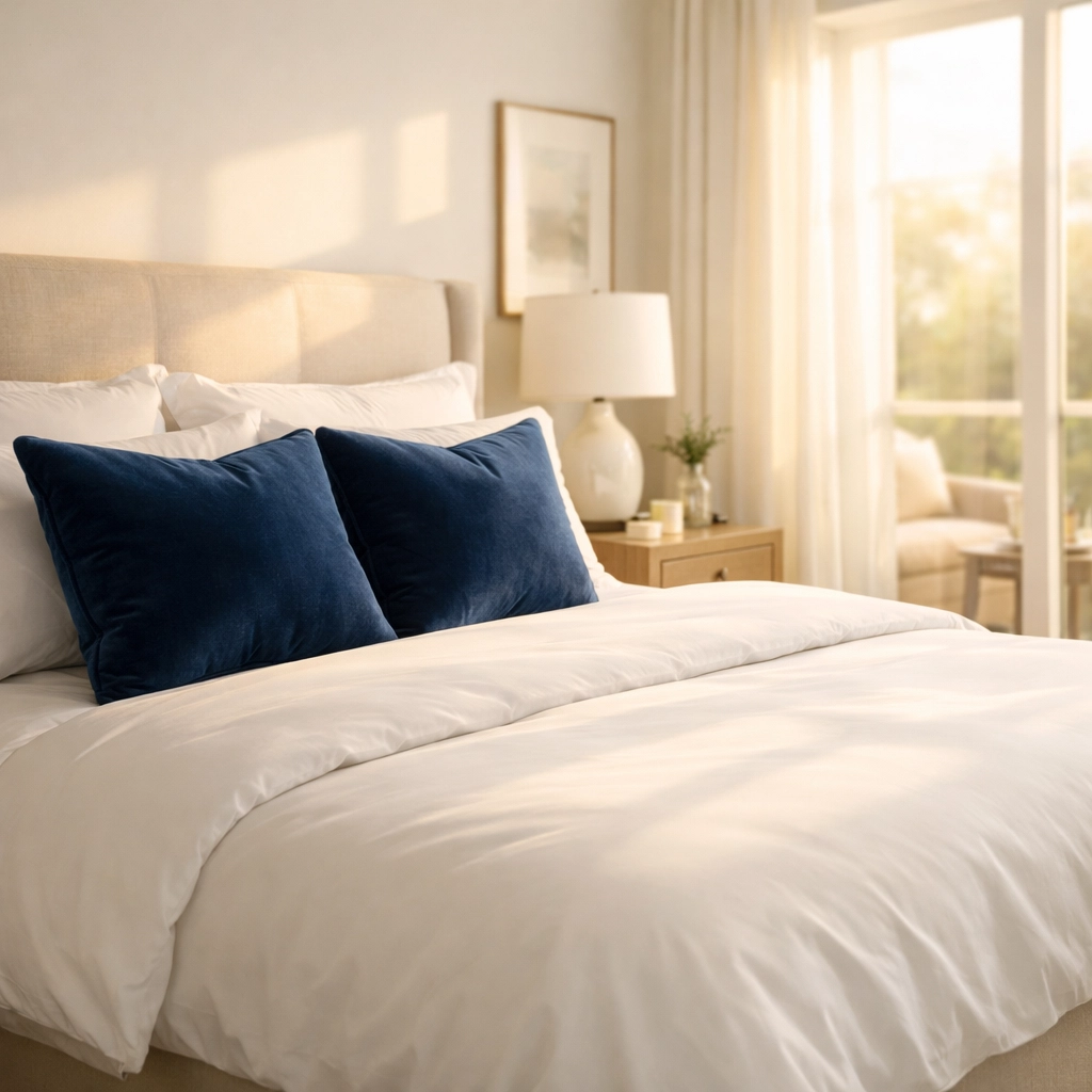 A dust-free sunlit master bedroom showing the peace of mind provided by residential house cleaning services MA.