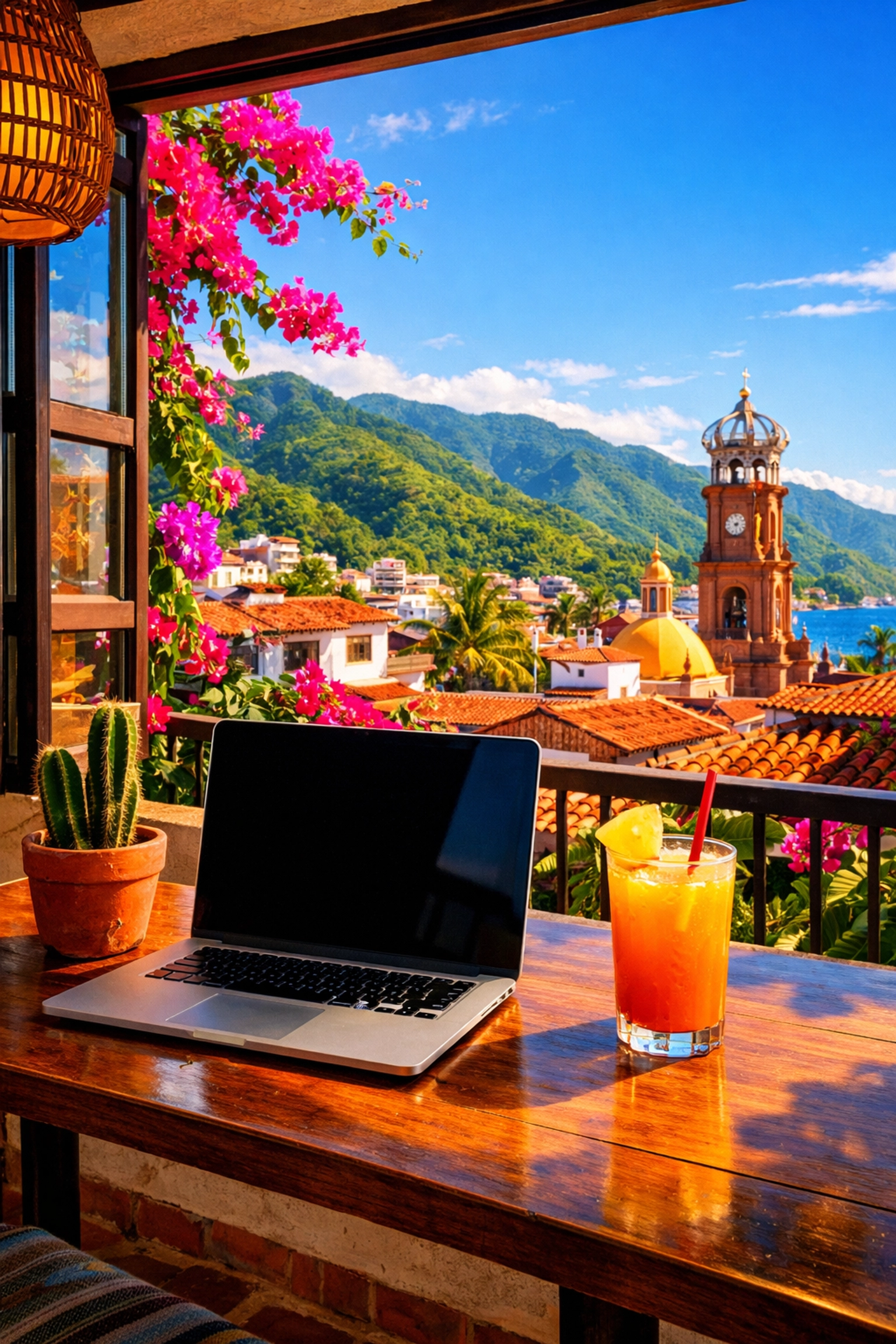 Digital nomad working from a stylish studio in Old Town Puerto Vallarta with a tropical mountain view.