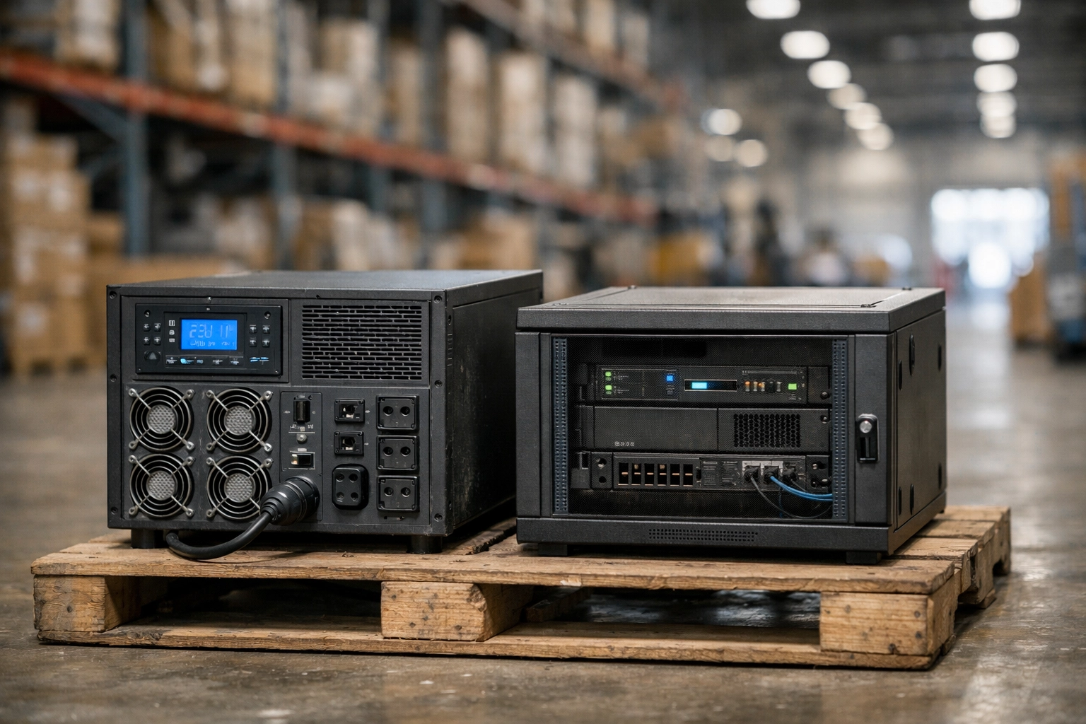 Warehouse IT equipment disposal featuring old server racks and UPS units on a pallet.