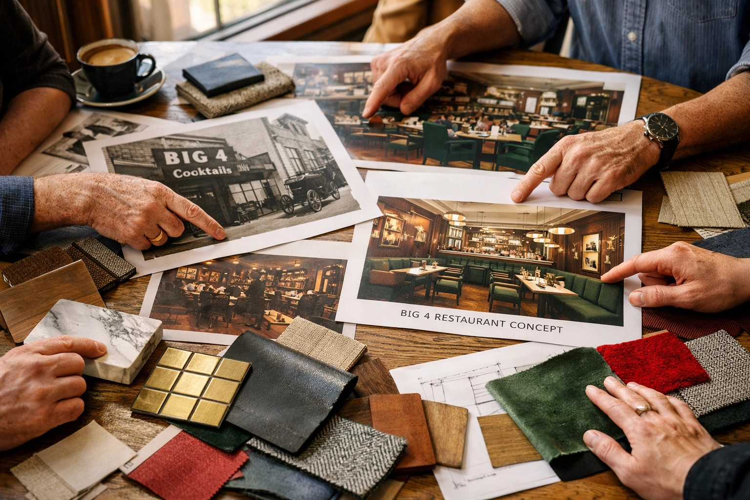 Restaurant design meeting with Big 4 historic photos and modern interior concepts