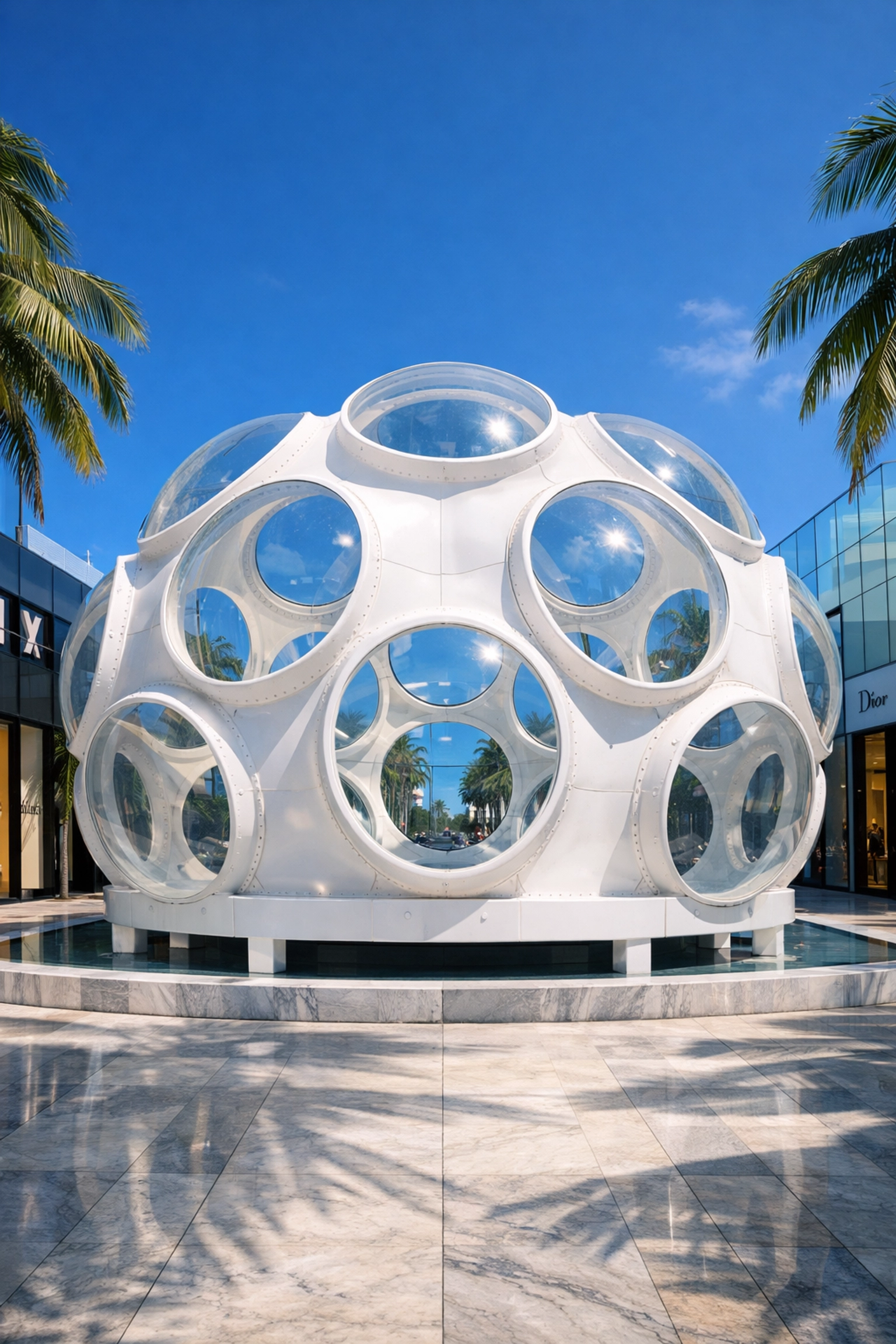 Architectural photography of the Fly's Eye Dome in the modern Miami Design District.